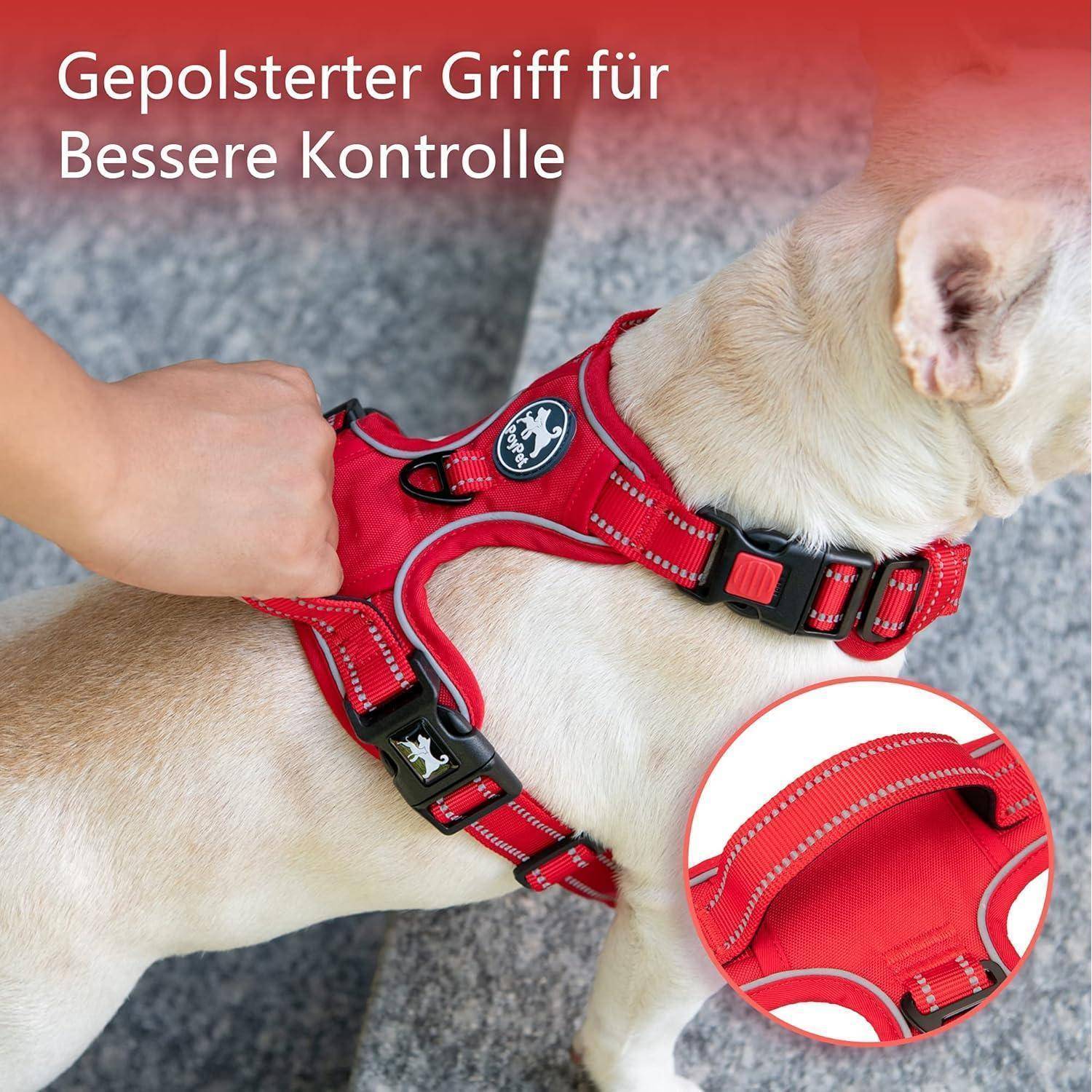 Ein roter Hundegeschirr mit einem gepolsterten Griff für bessere Kontrolle wird gezeigt. Text auf Deutsch lautet: 'Gepolsterter Griff für bessere Kontrolle'.