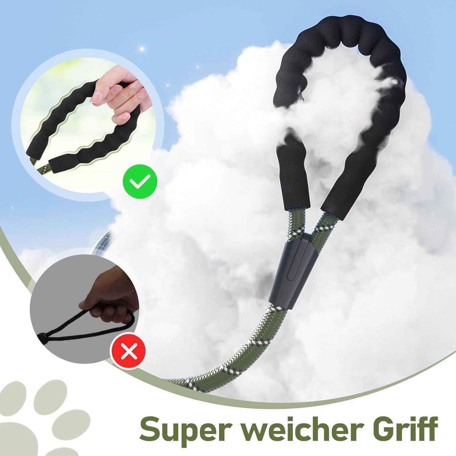 Ein wolkenbedeckter Hintergrund zeigt einen strukturierten Griff mit dem Text 'Super weicher Griff'. Ein eingesetztes Bild zeigt ein Häkchen auf einem identischen Griff, während ein anderes ein Kreuz auf einem anderen Griffdesign darstellt.