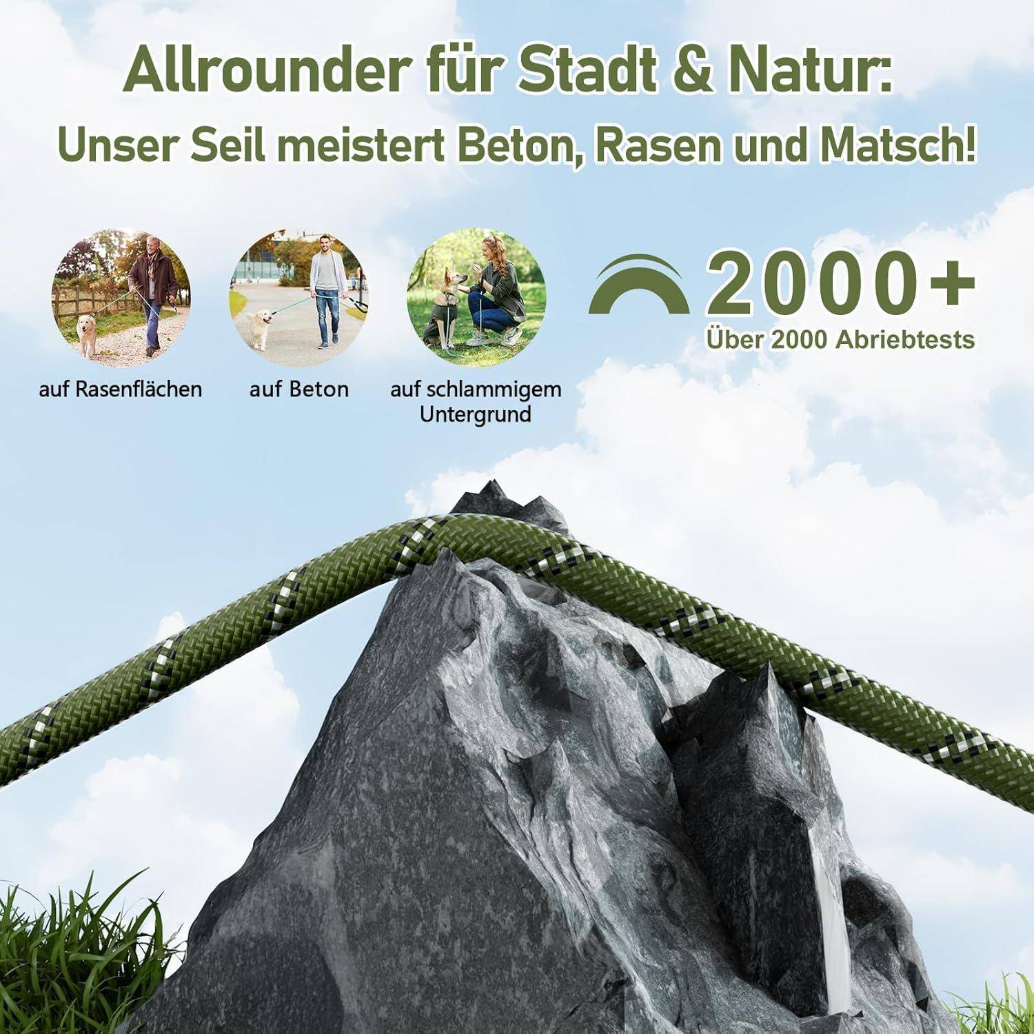 Ein Seil wird gezeigt, wie es über eine felsige Oberfläche gleitet und dabei seine Haltbarkeit auf verschiedenen Geländen demonstriert. Der Text hebt hervor: 