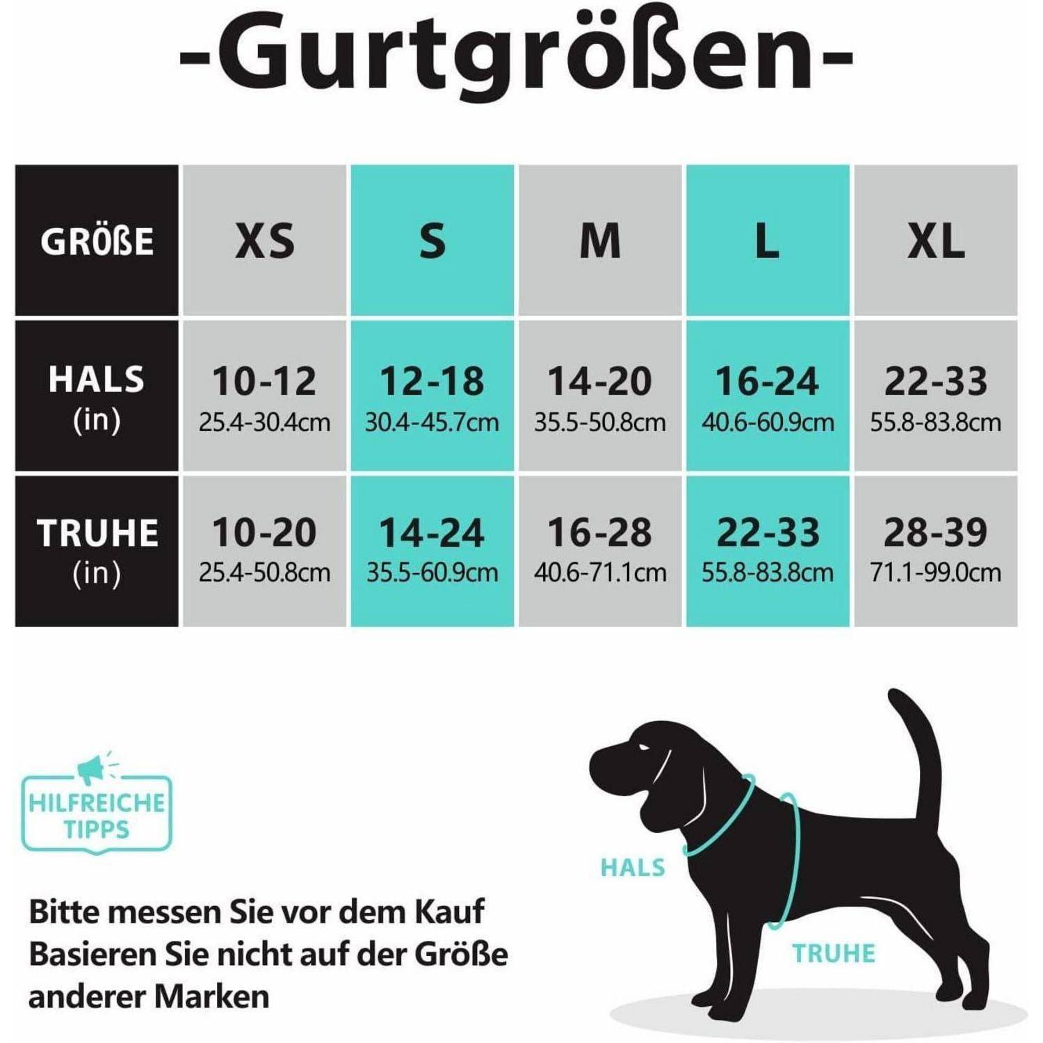 Gurtgrößen' Tabelle mit Größenrichtlinien für Haustier-Geschirre. Größen XS bis XL detailliert nach Hals- und Brustumfang in cm und Zoll. Abbildung eines Hundes zeigt Messbereiche.