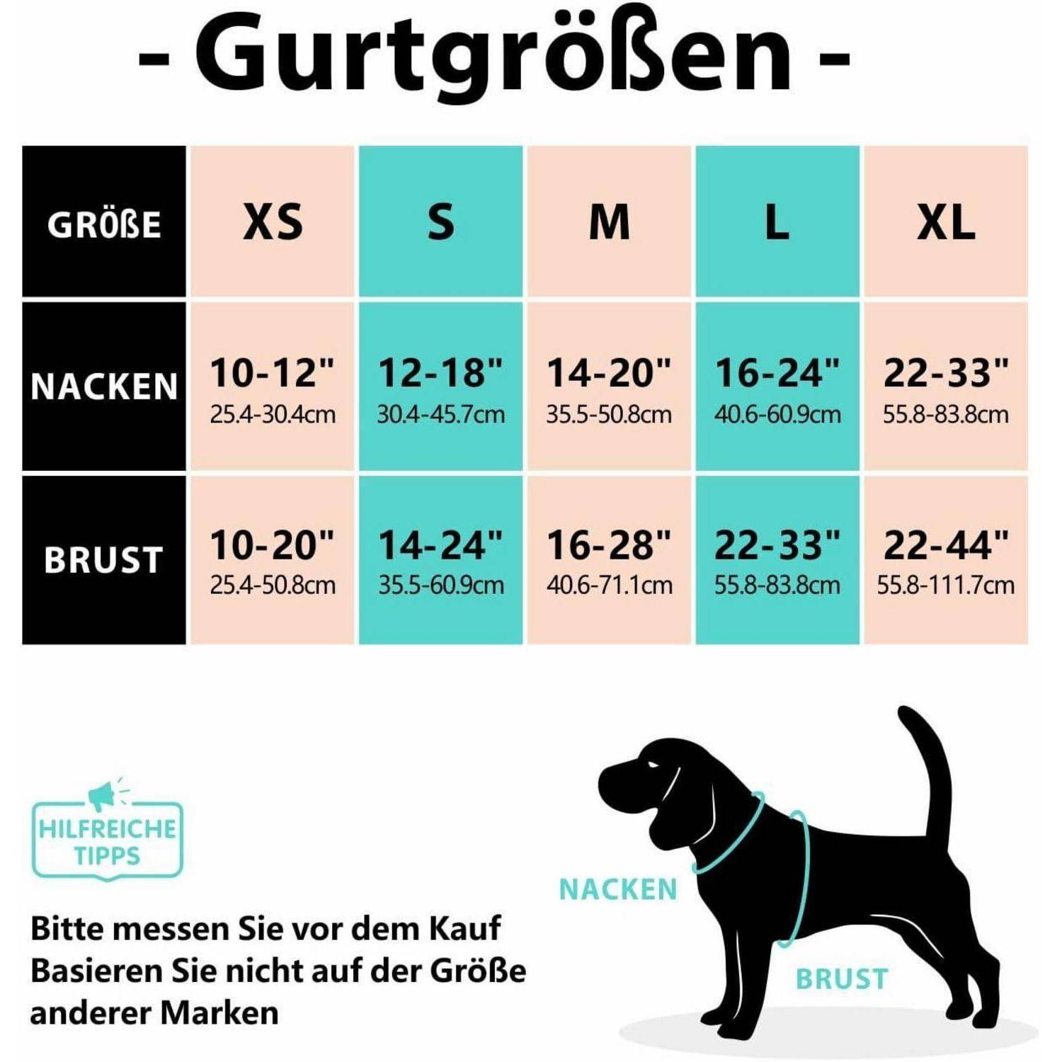 Grafik zur Hundegeschirr-Größen von XS bis XL. Zeigt Hals- und Brustumfang in Zoll und Zentimetern. Veranschaulicht, wo die Messungen vorgenommen werden sollen.