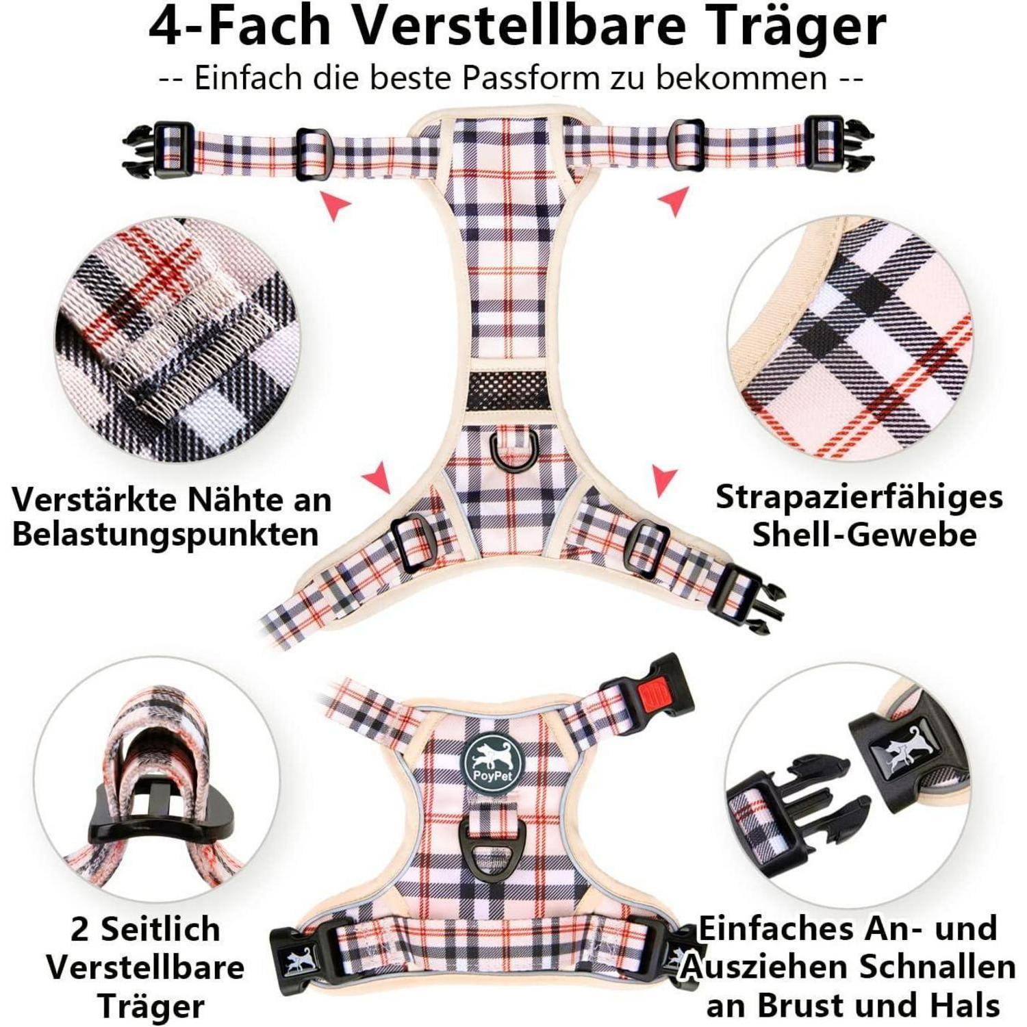 Verstellbares Geschirr mit verstärkten Nähten und strapazierfähigem Schalenmaterial. Zu den Eigenschaften gehören ‚4-Wege-Verstellbarkeit' und ‚einfache Schnallen'.