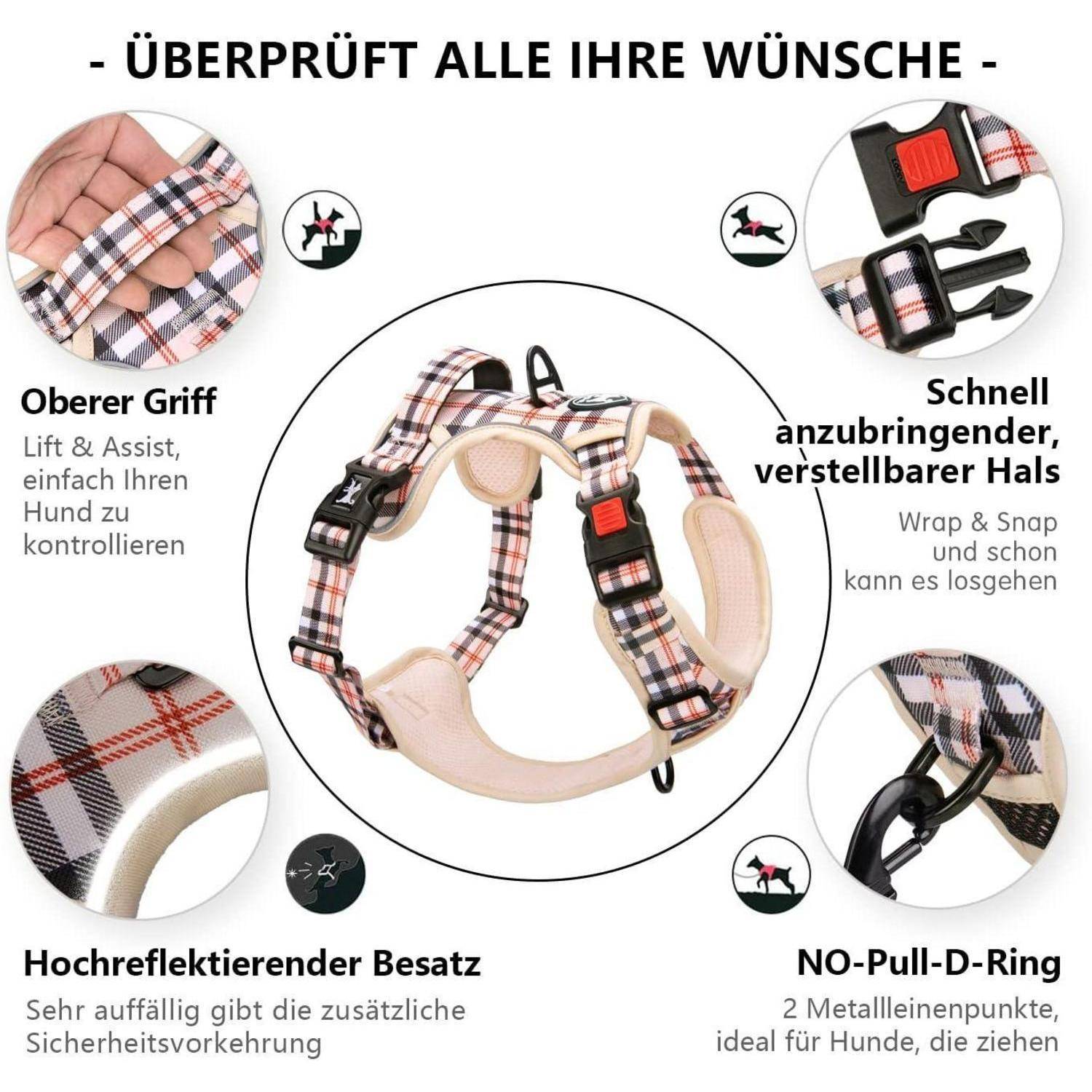 ÜBERPRÜFT ALLE IHRE WÜNSCHE' oben; Hundegeschirr-Merkmale detailliert: Tragegriff oben, reflektierende Einfassung, verstellbarer Hals, Anti-Zug-D-Ring.