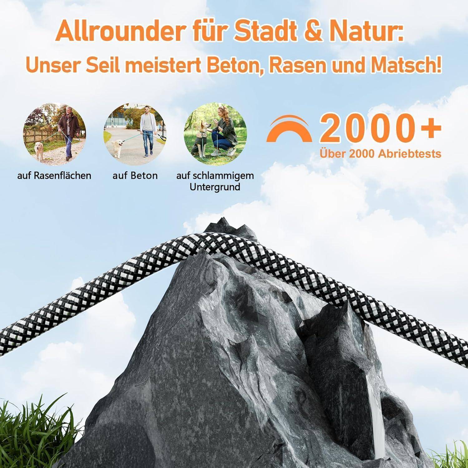 Ein Kletterseil wird auf einem Felsen gezeigt, wobei Text seine Haltbarkeit auf Gras, Beton und schlammigen Oberflächen hervorhebt und behauptet: „über 2000 Abriebfestigkeitstests