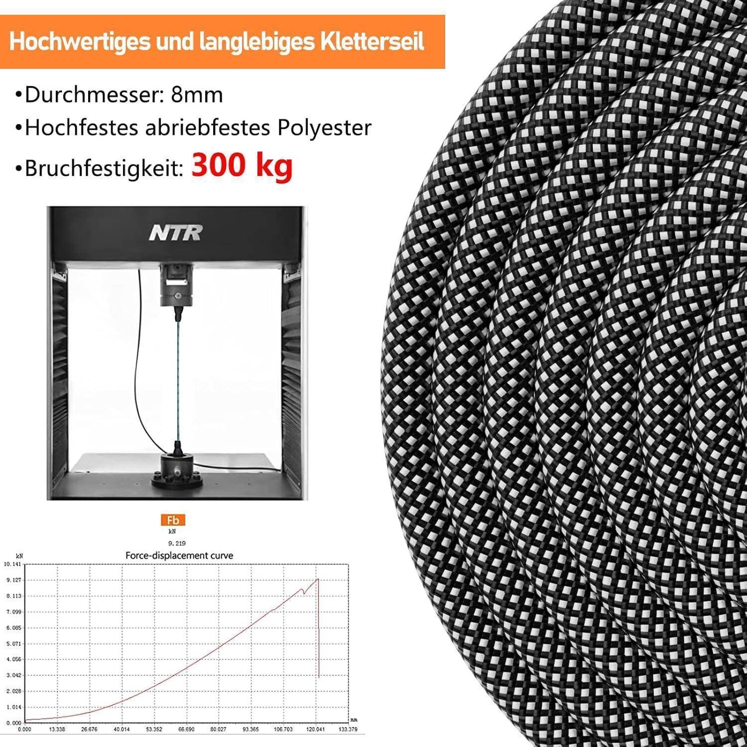 Bild zeigt ein robustes Kletterseil mit einem Durchmesser von 8 mm, hergestellt aus Polyester, mit einer Bruchfestigkeit von 300 kg, das unter einer Prüfmaschine positioniert ist. Ein Graph stellt die 