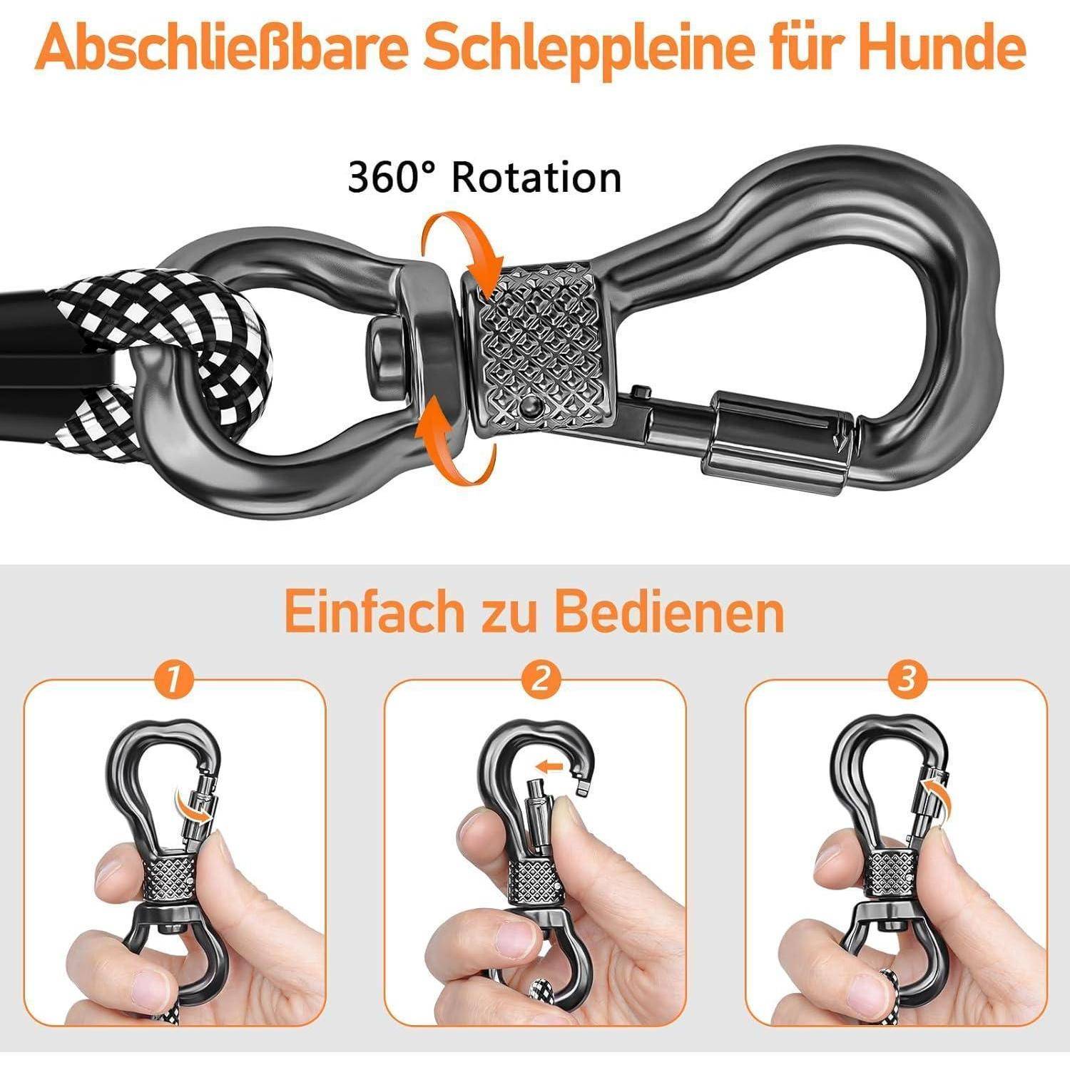 Hundeleine mit verriegelbarem Karabiner; 360°-Rotationsfunktion. Schritt-für-Schritt-Bilder zeigen, wie man den Karabiner ver- und entriegelt.