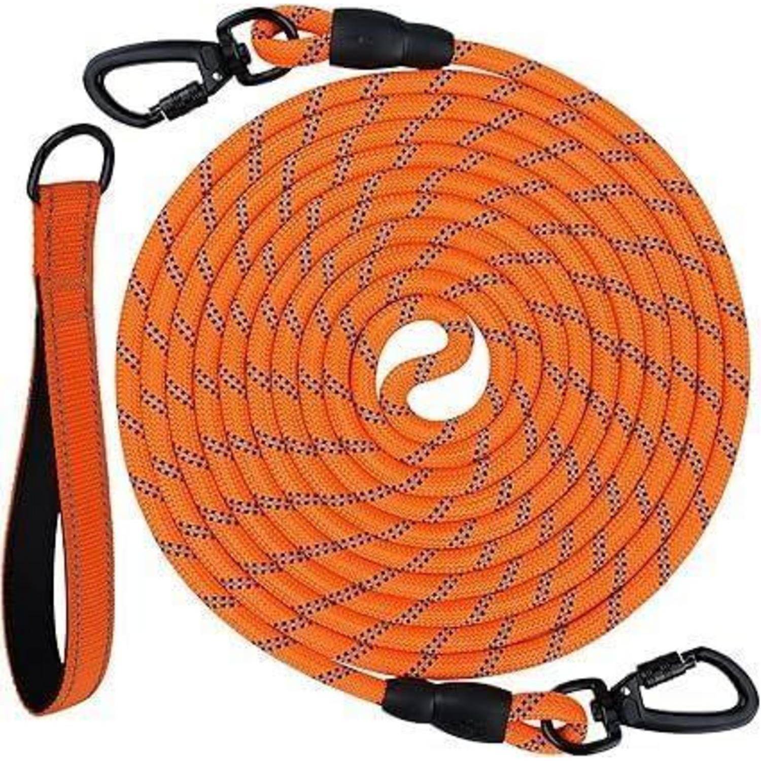 Orangefarbenes Kletterseil mit schwarzen Karabinern und einem Griff, sauber aufgewickelt. Entwickelt für Klettern oder den Einsatz im Freien.