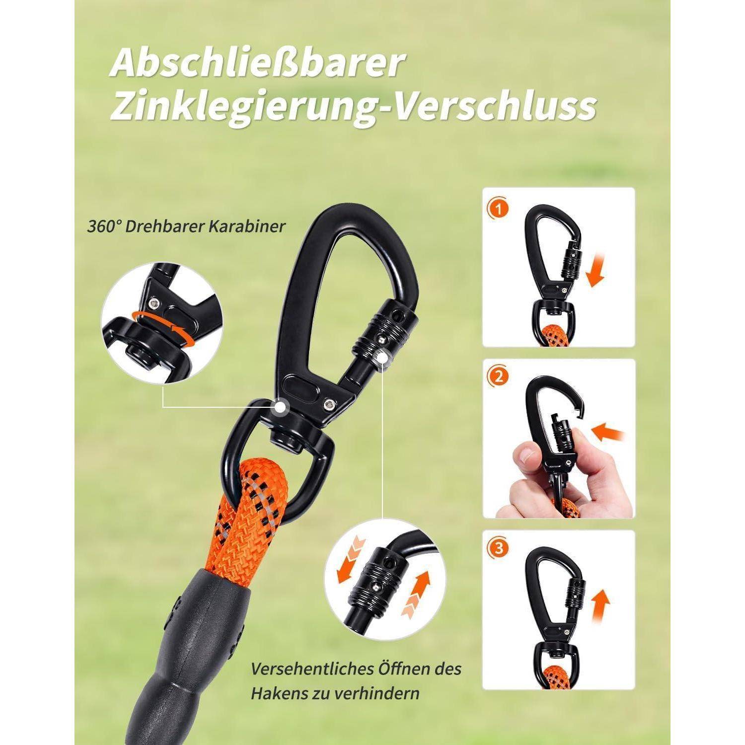 Ein Karabiner mit einem Zinklegierungsschloss, ausgestattet mit einem 360-Grad-Drehverschlussmechanismus. Die Schritte zeigen, wie man den Verschluss verwendet, um ein versehentliches Öffnen zu verhindern.