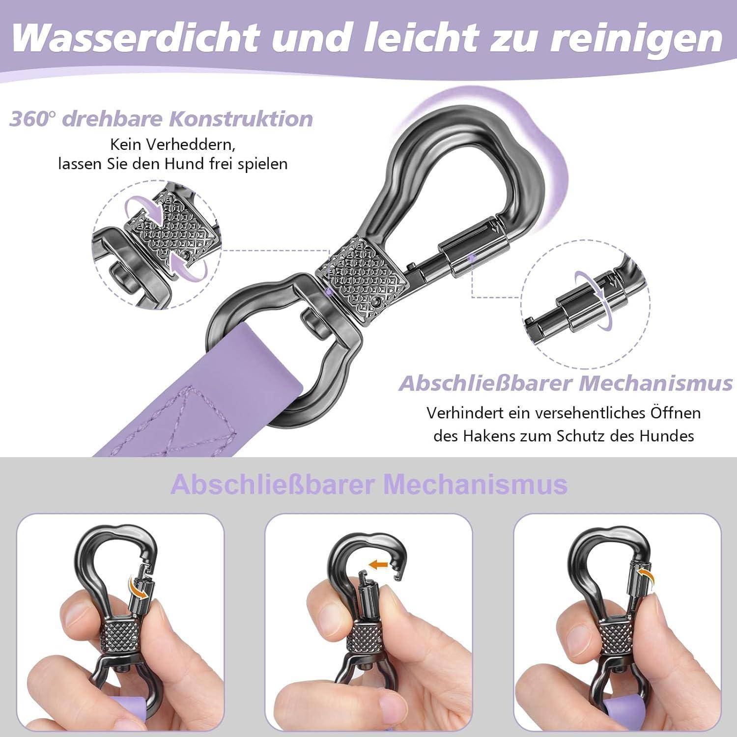 Wasserdichter und leicht zu reinigender Leinen-Clip mit 360°-Drehdesign. Ausgestattet mit einem Verschließmechanismus für die Sicherheit des Haustieres, wie in detaillierten Bildern gezeigt.