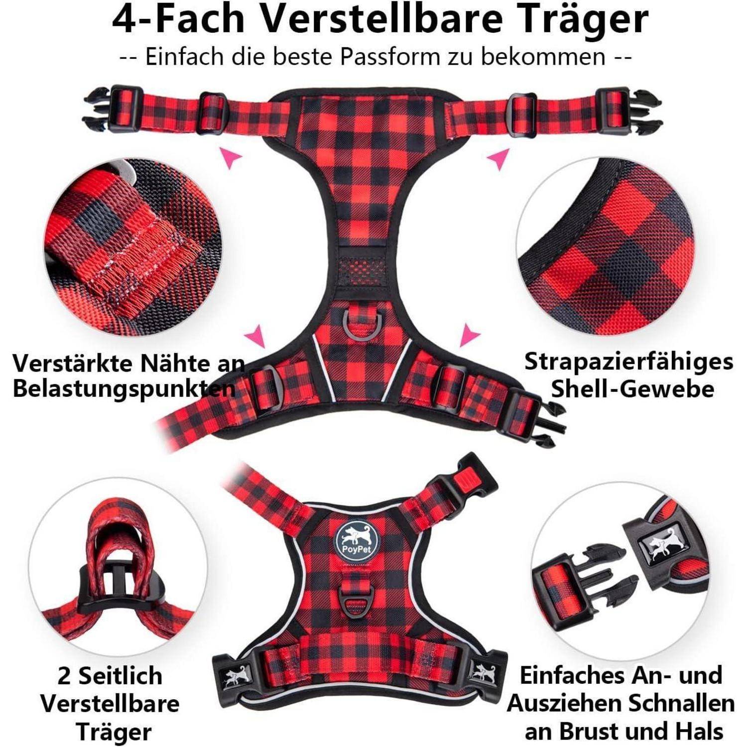 Hundegeschirr mit 4-Wege-Verstellbarkeit, verstärkten Nähten, strapazierfähigem Schalenstoff und einfachen Schnallen für Brust und Hals. Rot-schwarzes Karomuster.