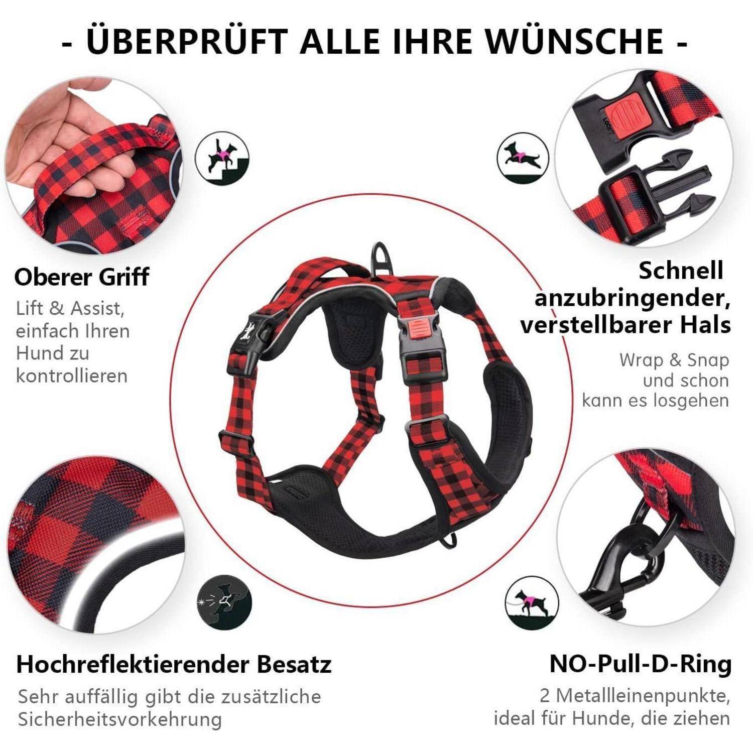 Rotes und schwarzes Hundegeschirr mit folgenden Eigenschaften: zusammenklappbare Konstruktion, schnelle Schnappverschluss-Mechanik, gepolsterter Griff zur Kontrolle, reflektierende Verzierung für Sicherheit und D-Ring gegen Ziehen.