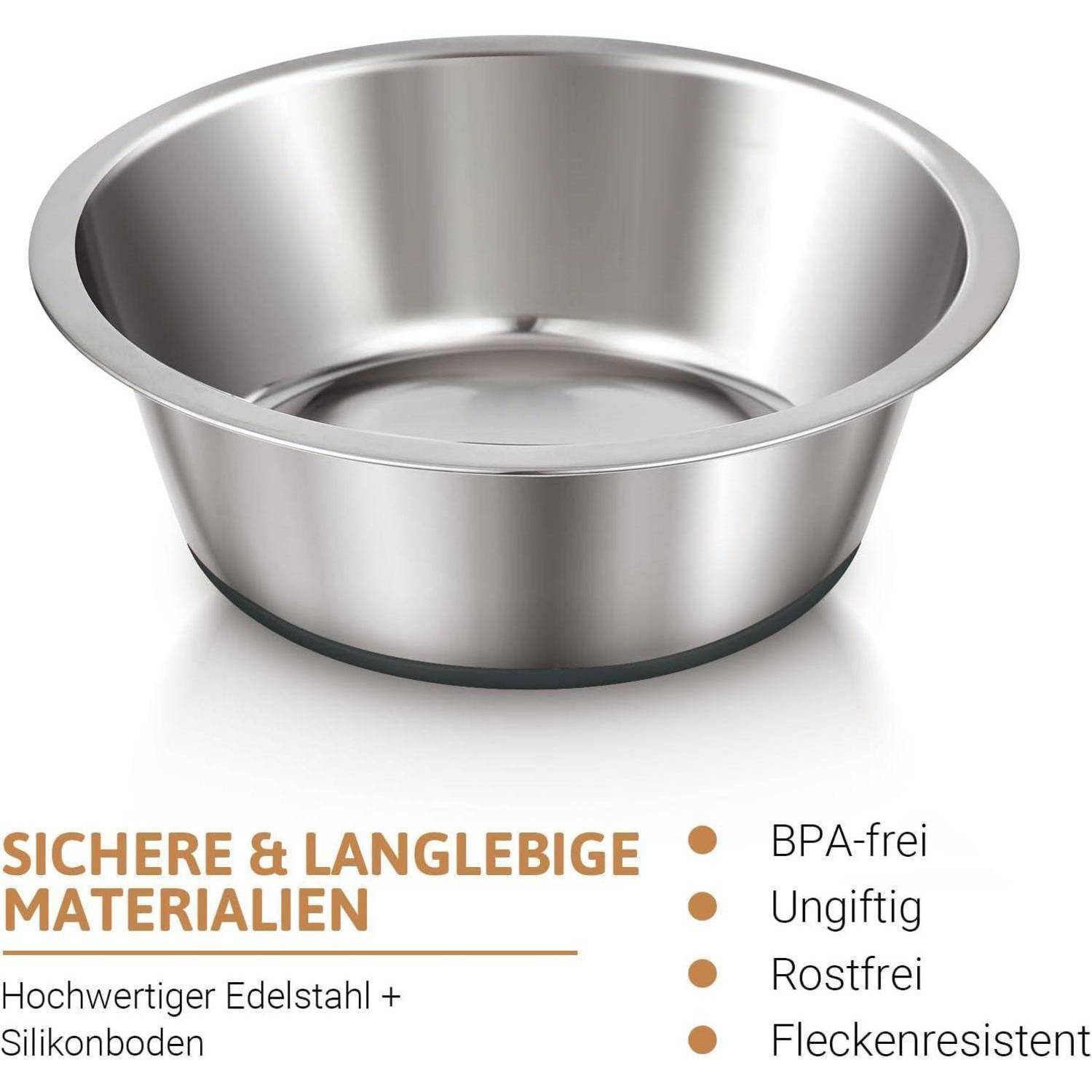 Edelstahlschüssel mit Silikonbasis. Textuelle Hervorhebungen der Eigenschaften: ‚Ohne BPA, nicht giftig, rostfrei, fleckenresistent'.