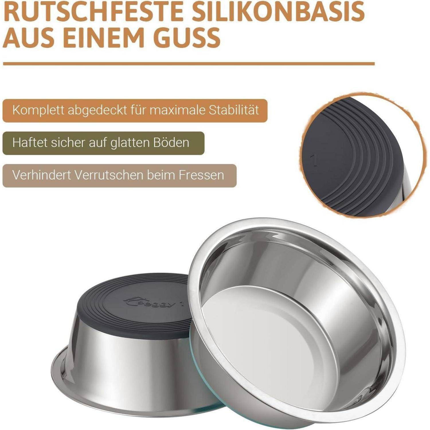 Eine Edelstahl-Haustiernapf mit einer rutschfesten Silikonbasis, entwickelt für Stabilität und Haftung auf glatten Oberflächen.