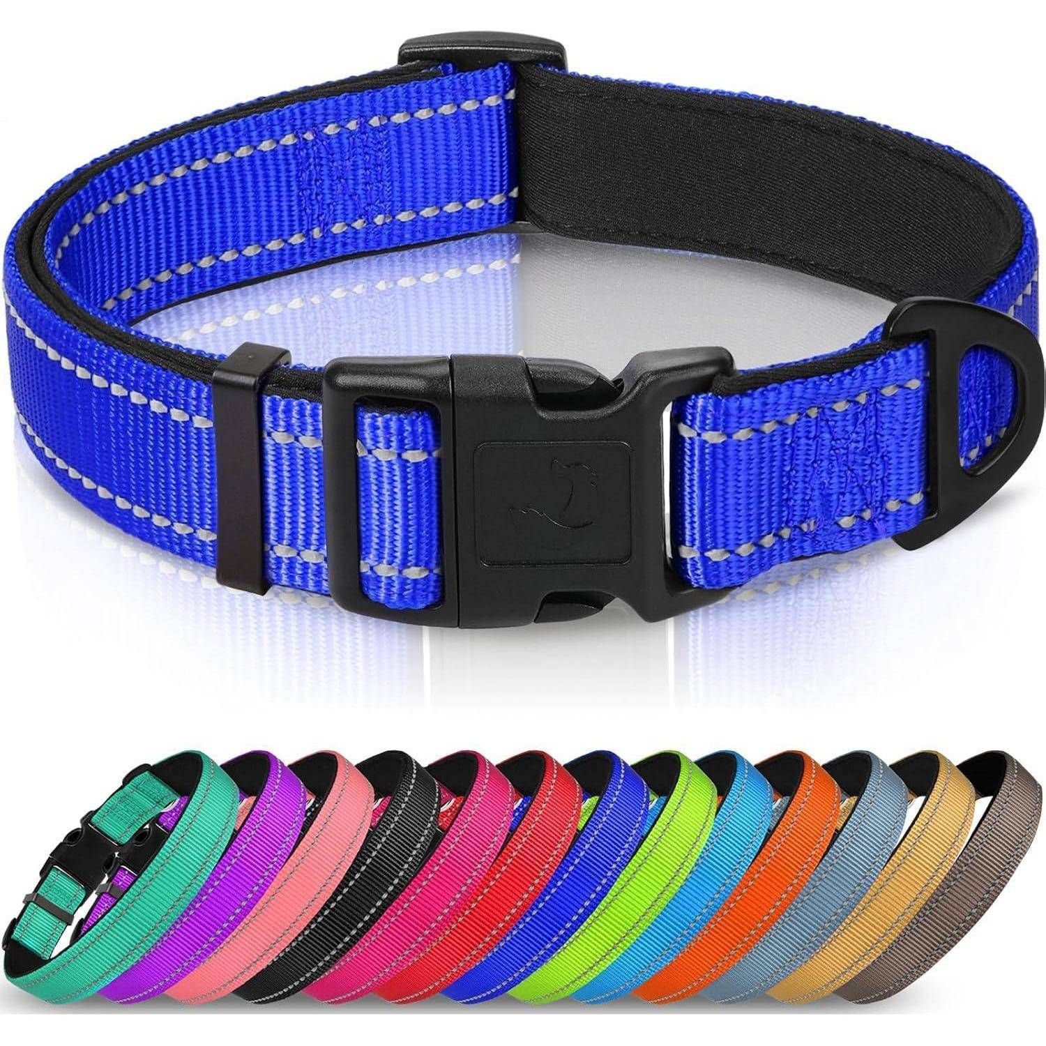 Ein blauer, verstellbarer Hundehalsband mit einer schwarzen Schnalle wird präsentiert, zusammen mit einer Reihe ähnlicher Halsbänder in verschiedenen Farben darunter.