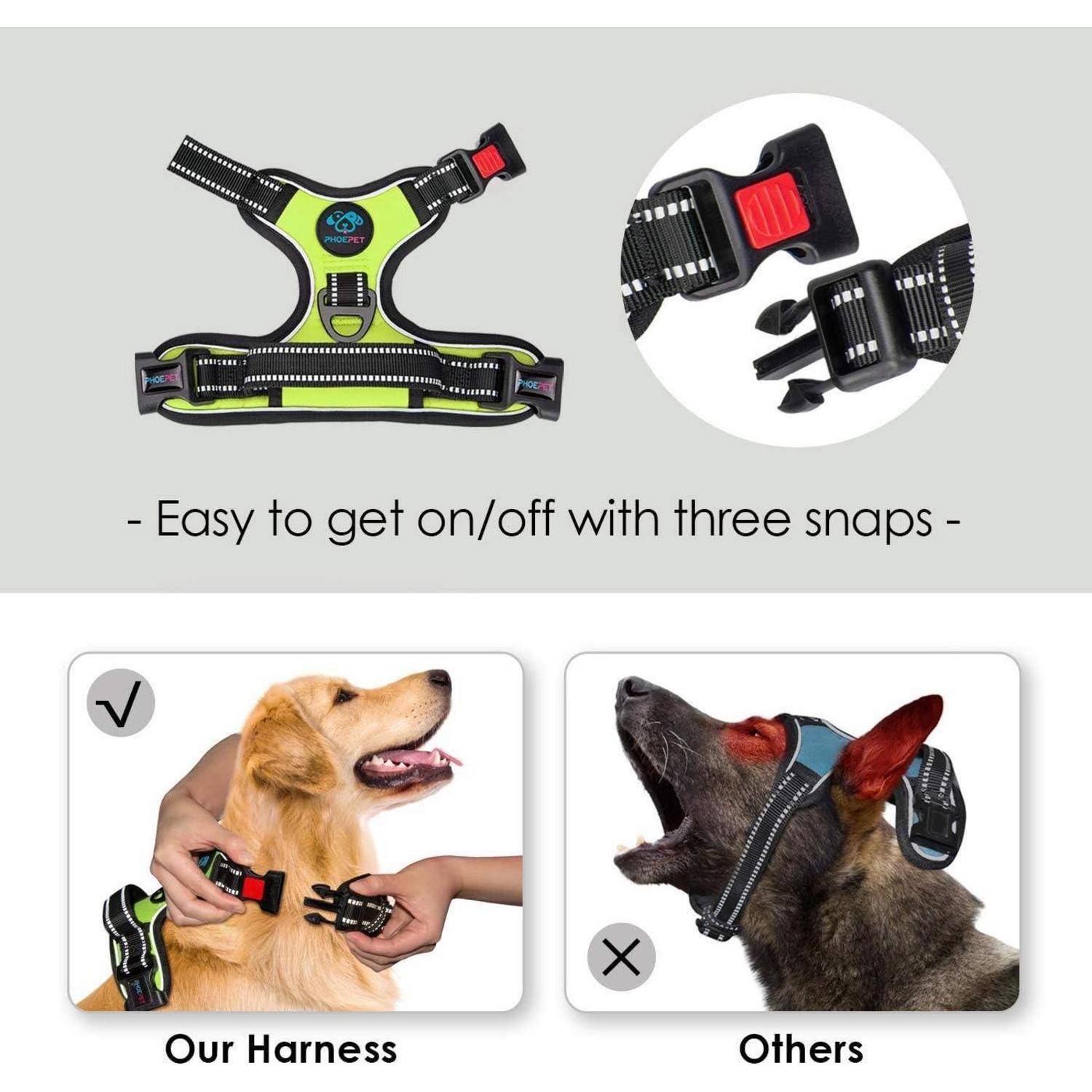 Hundegeschirr-Werbung hebt Benutzerfreundlichkeit hervor. Zeigt zwei Bilder: 'Unser Geschirr' mit einfachen Schnappverschlüssen und 'Andere' mit einer komplizierten Konstruktion.
