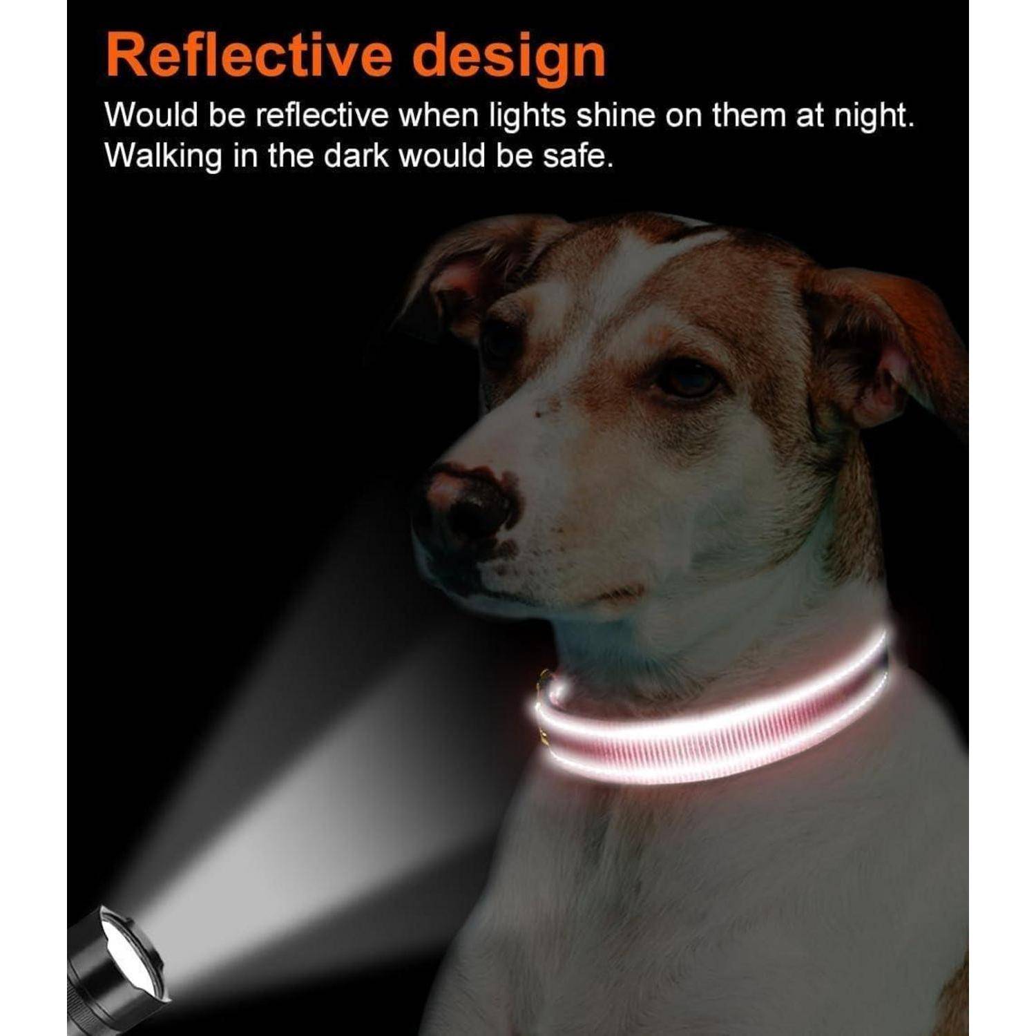 Ein Hund mit einem leuchtend reflektierenden Halsband bei Nacht, mit Text: 'Reflektierendes Design. Würde reflektieren, wenn Lichter sie bei Nacht anstrahlen. In der Dunkelheit zu gehen wäre sicher.