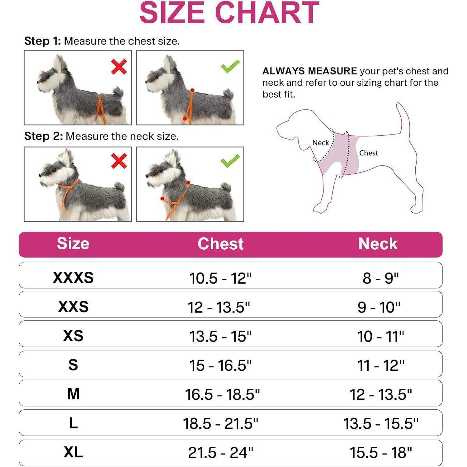 GRÖSSENTABELLE: Zeigt, wie Brust und Hals bei Hunden gemessen werden. Tabelle zeigt Größen von XXXS bis XL mit entsprechenden Brust- und Halsumfangbereichen.