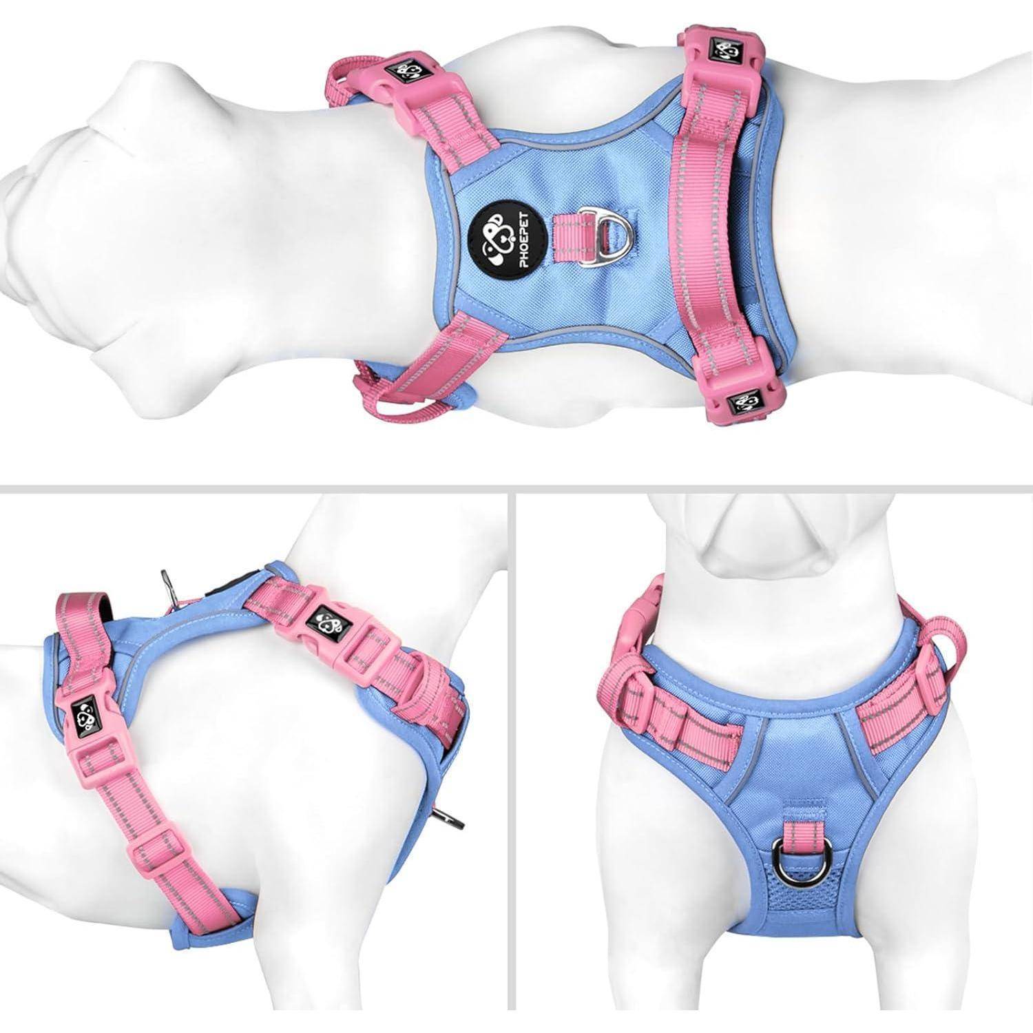 Hundegeschirr No Pull Babyblaue Basis und Rosa Träger Medium