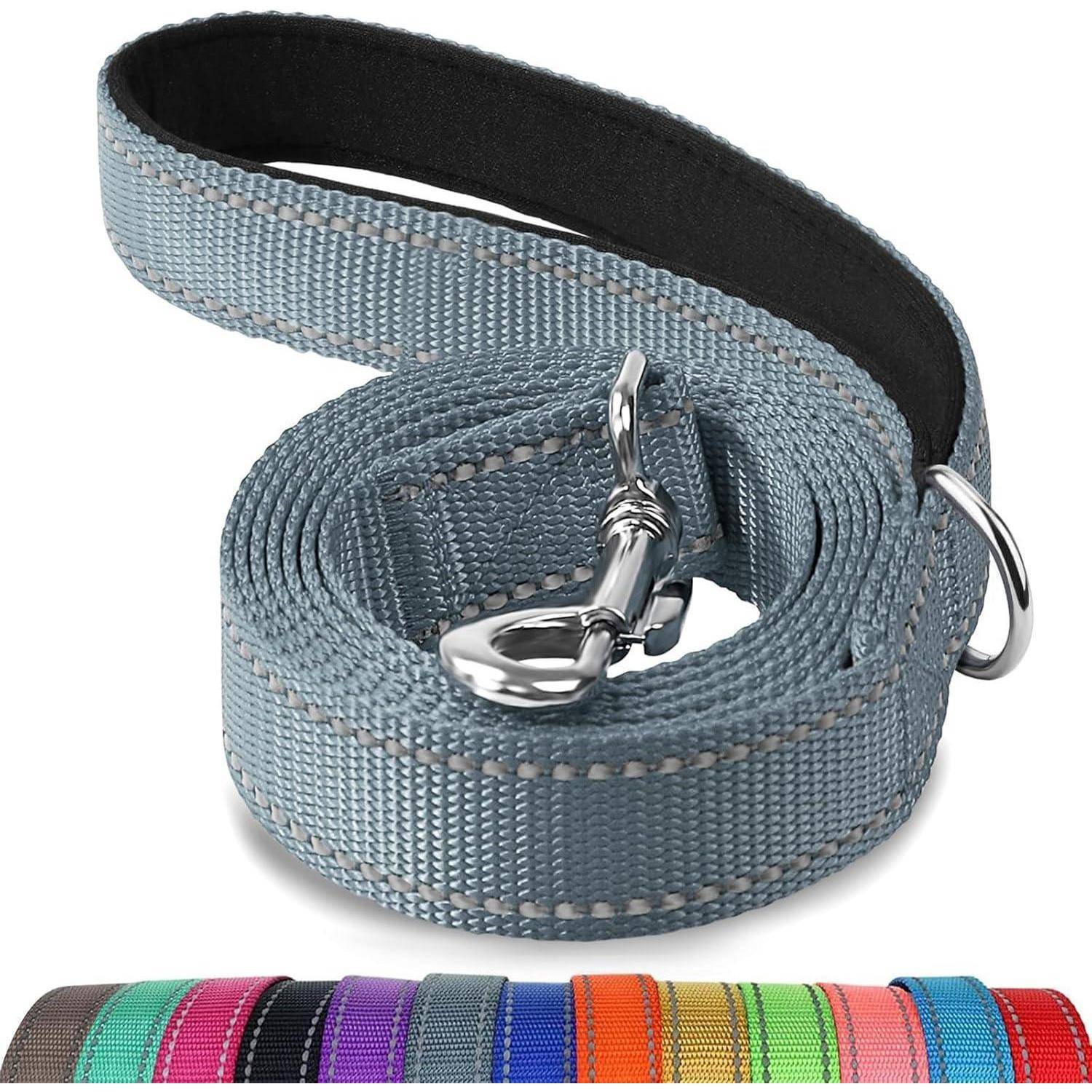 Eine aufgerollte, graue Nylon-Hundeleine mit einer Metallklemme, dargestellt über einer Reihe von neun kleineren Mustern in verschiedenen Farben, darunter Rosa, Grün und Schwarz.