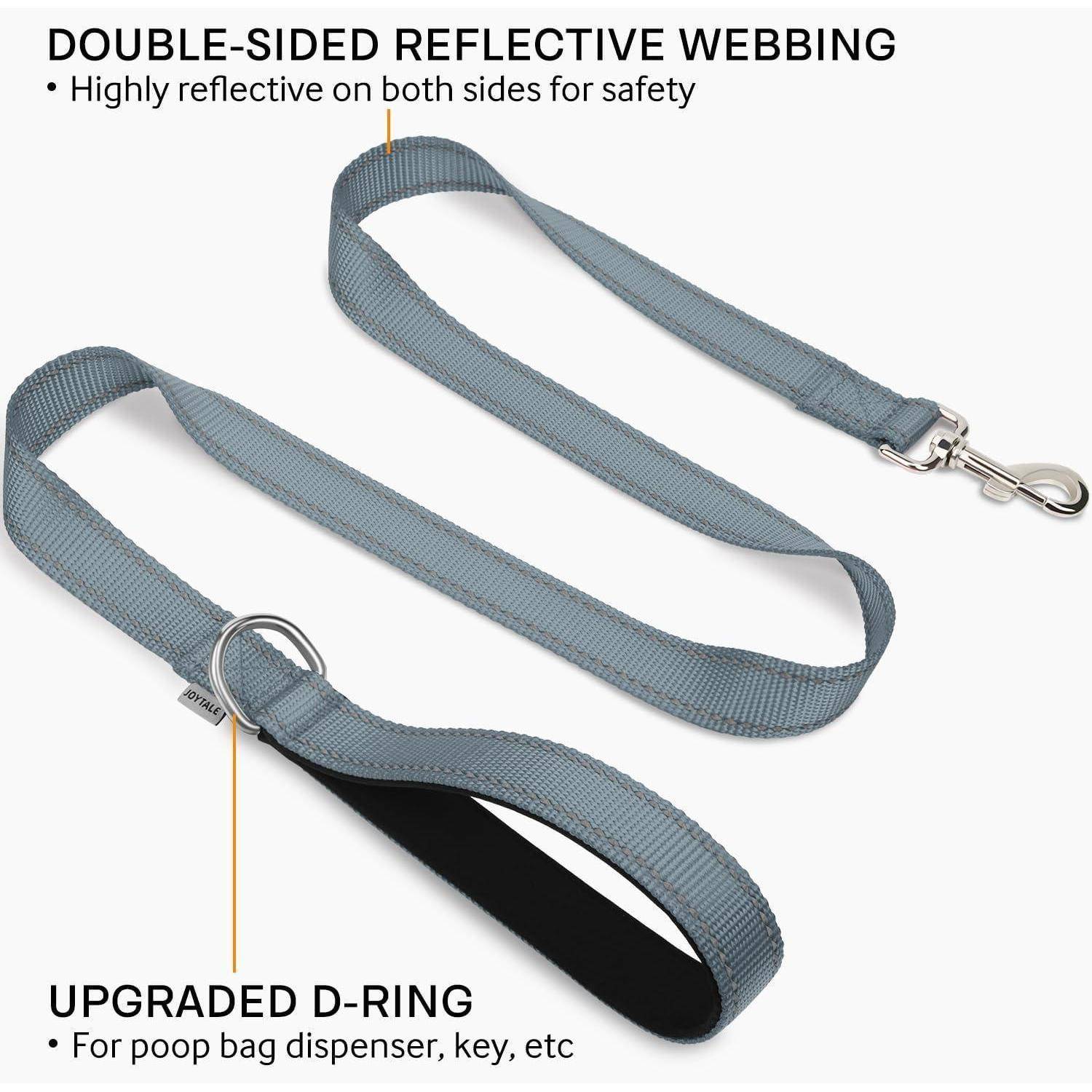 Graue Hundeleine mit doppelseitigem reflektierendem Gurtband und einem verbesserten D-Ring zum Anbringen von Gegenständen wie einem Kotbeutelspender oder Schlüssel.