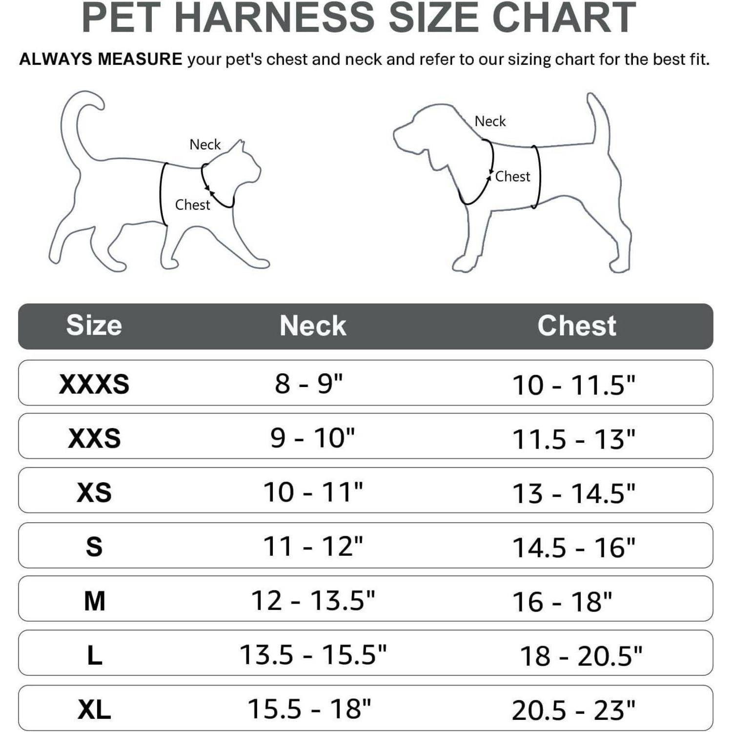 Größentabelle für Tierleine: Illustration einer Katze und eines Hundes mit markierten Hals- und Brustumfangsbereichen. Größentabelle listet Abmessungen von XXXS bis XL auf.