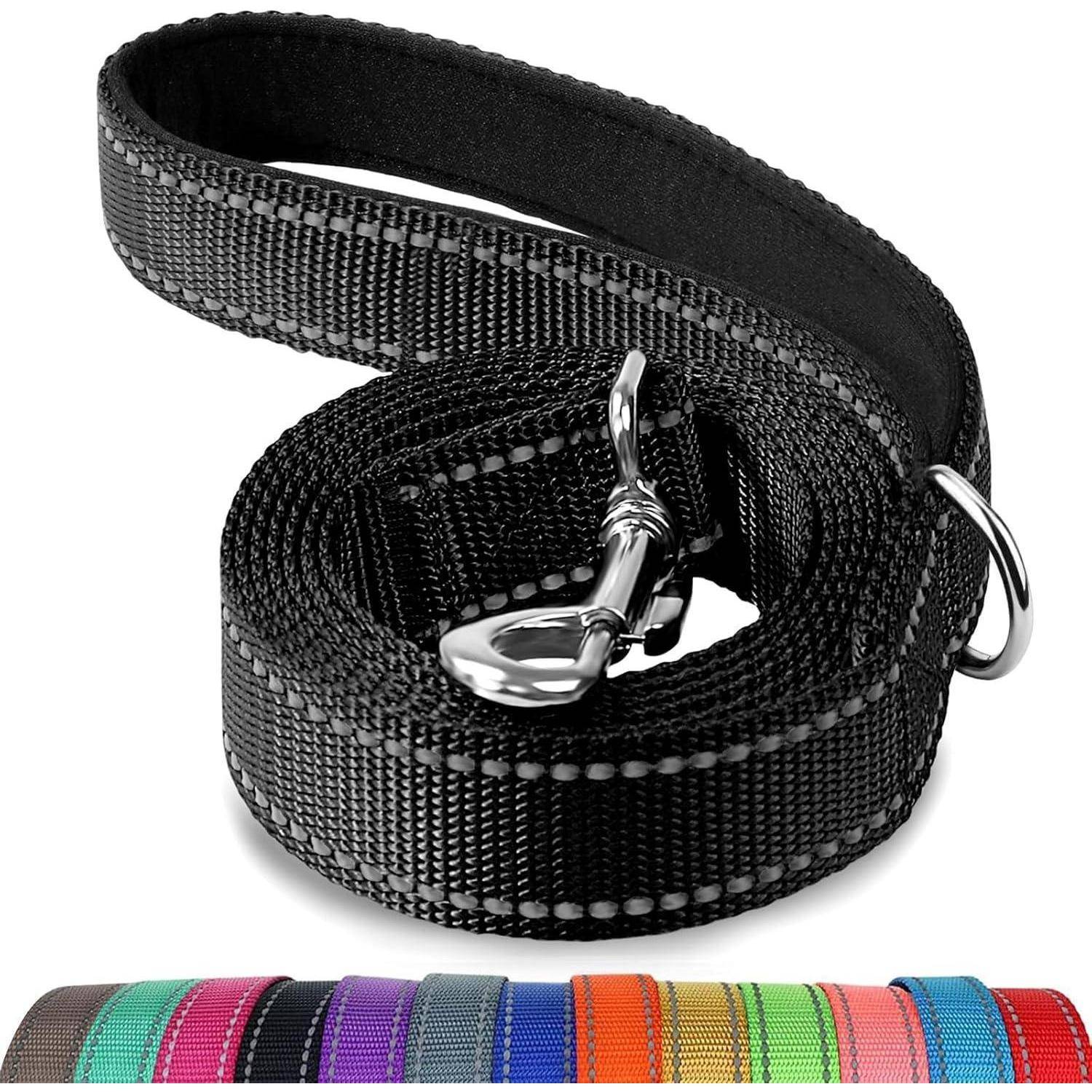 Eine schwarze Hundeleine mit einer Metallklemme, ordentlich aufgerollt. Darunter eine Auswahl an Leinen in verschiedenen Farben: rosa, grün, rot, schwarz, blau, lila und orange.