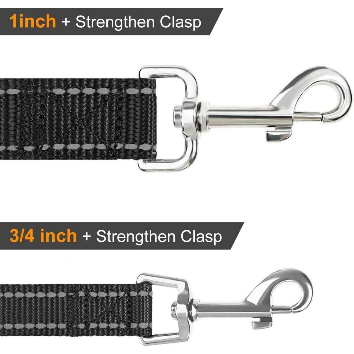 Zwei Hundeleinen mit Metallkarabinern; obere Beschriftung '1 Zoll + verstärkter Karabiner', untere Beschriftung '3/4 Zoll + verstärkter Karabiner'.
