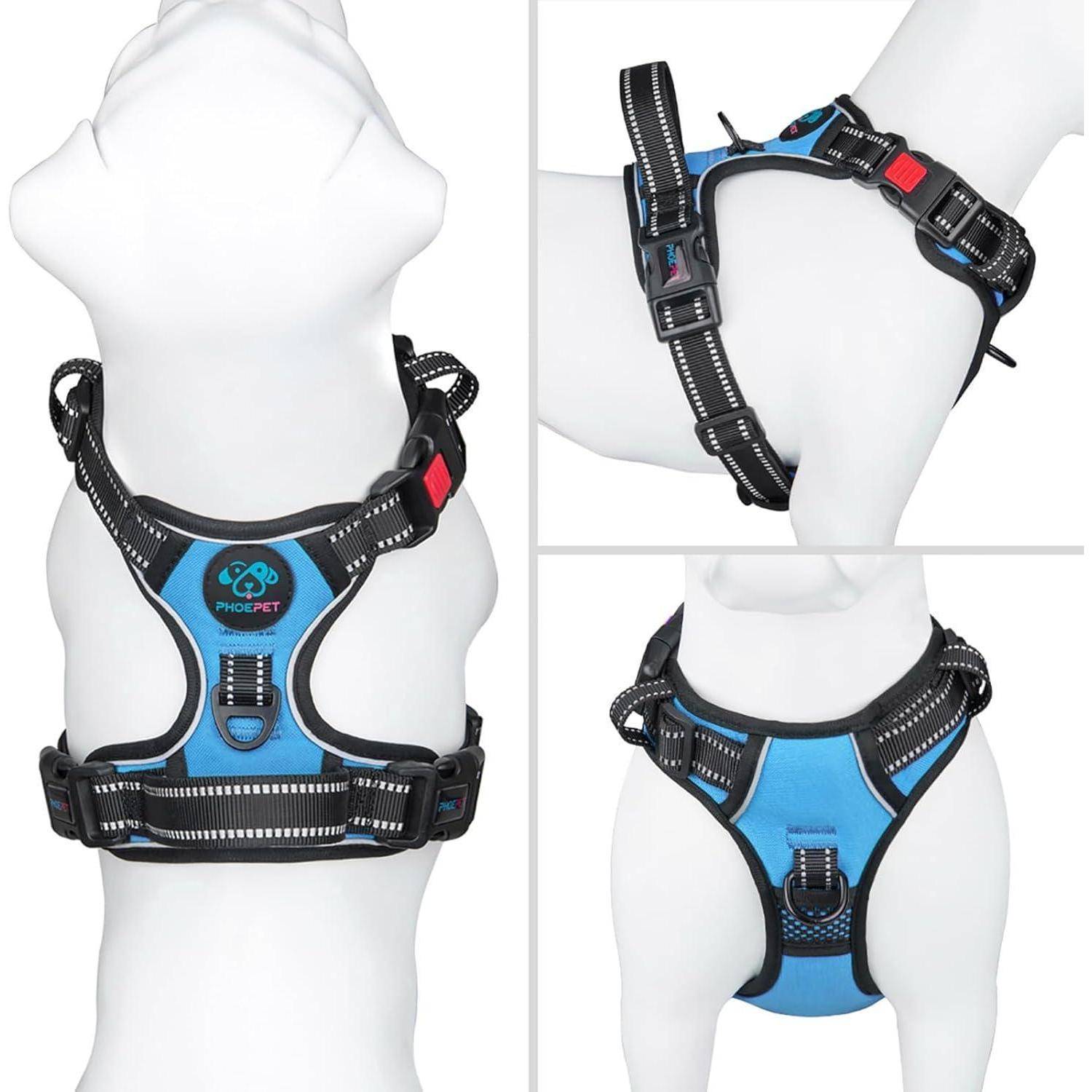 Eine Hundegeschirr in Blau und Schwarz mit reflektierenden Nähten, dargestellt aus drei Perspektiven auf einem Hunde-Mannequin, wobei die verstellbaren Riemen hervorgehoben werden.