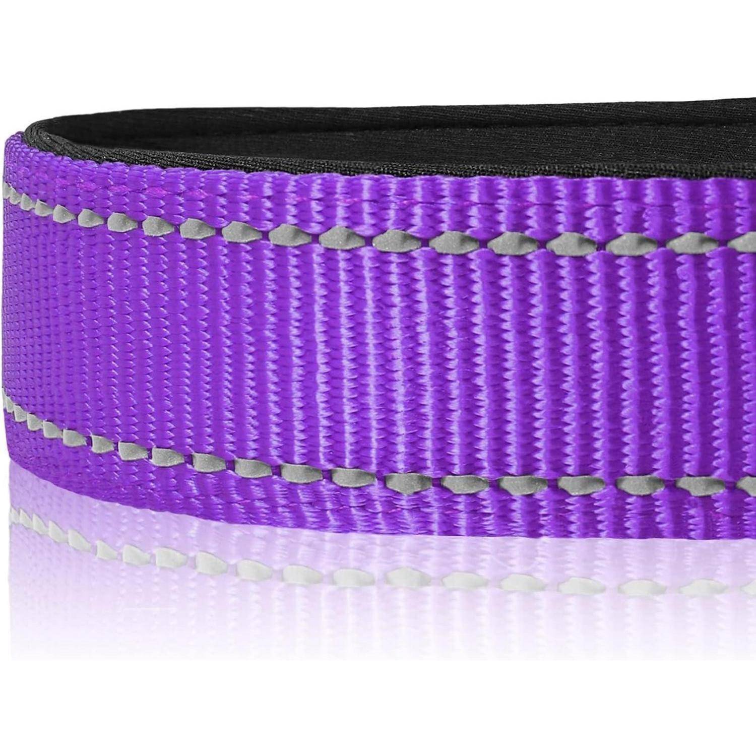 Eine Nahaufnahme eines violetten Nylonriemens mit schwarzer und silberner Naht, die Textur und Details zeigt.