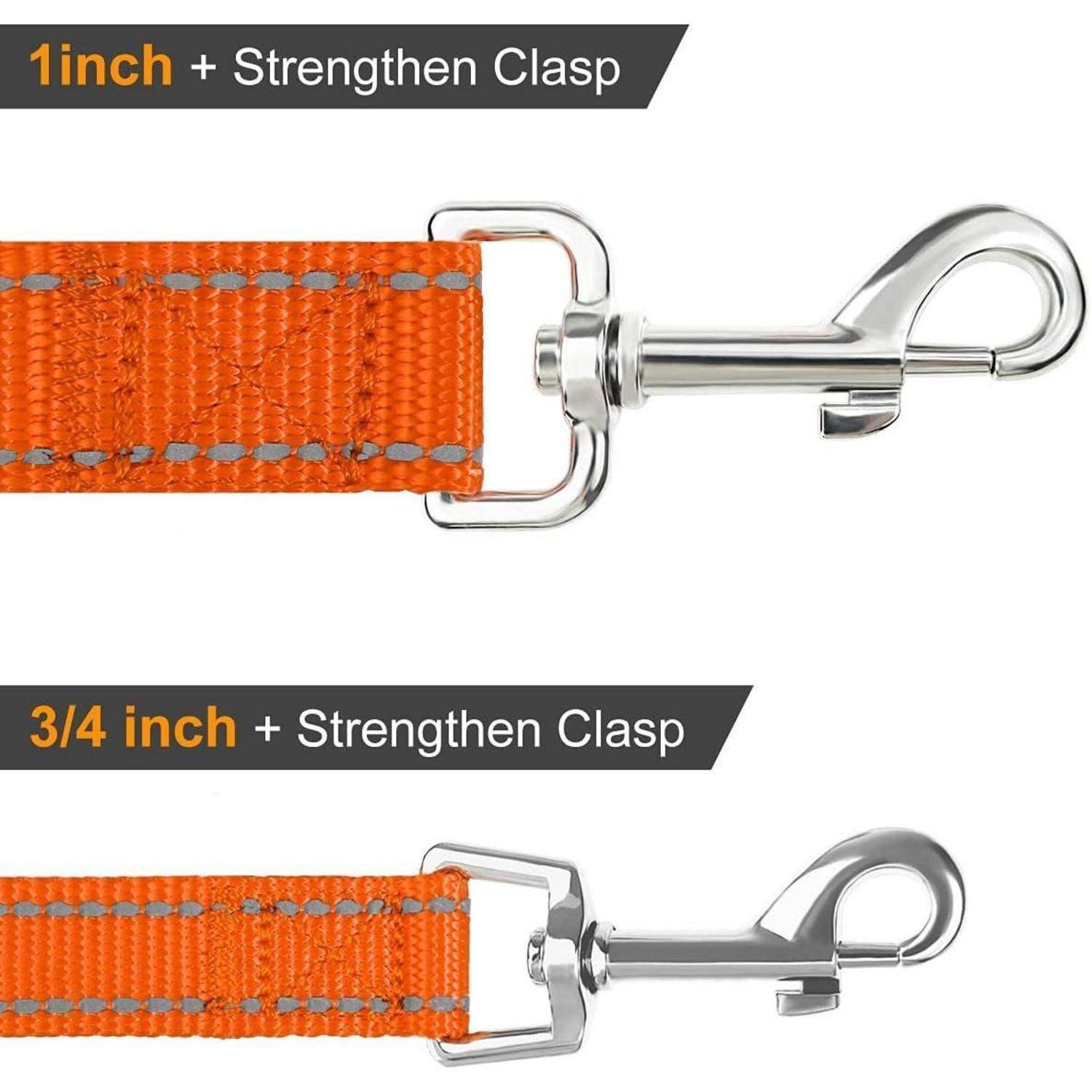 Zwei Hundeleine, eine 1 Zoll breit und eine andere 3/4 Zoll breit, beide mit hellem orangefarbenem Stoff und metallisch verstärkter Klappe.