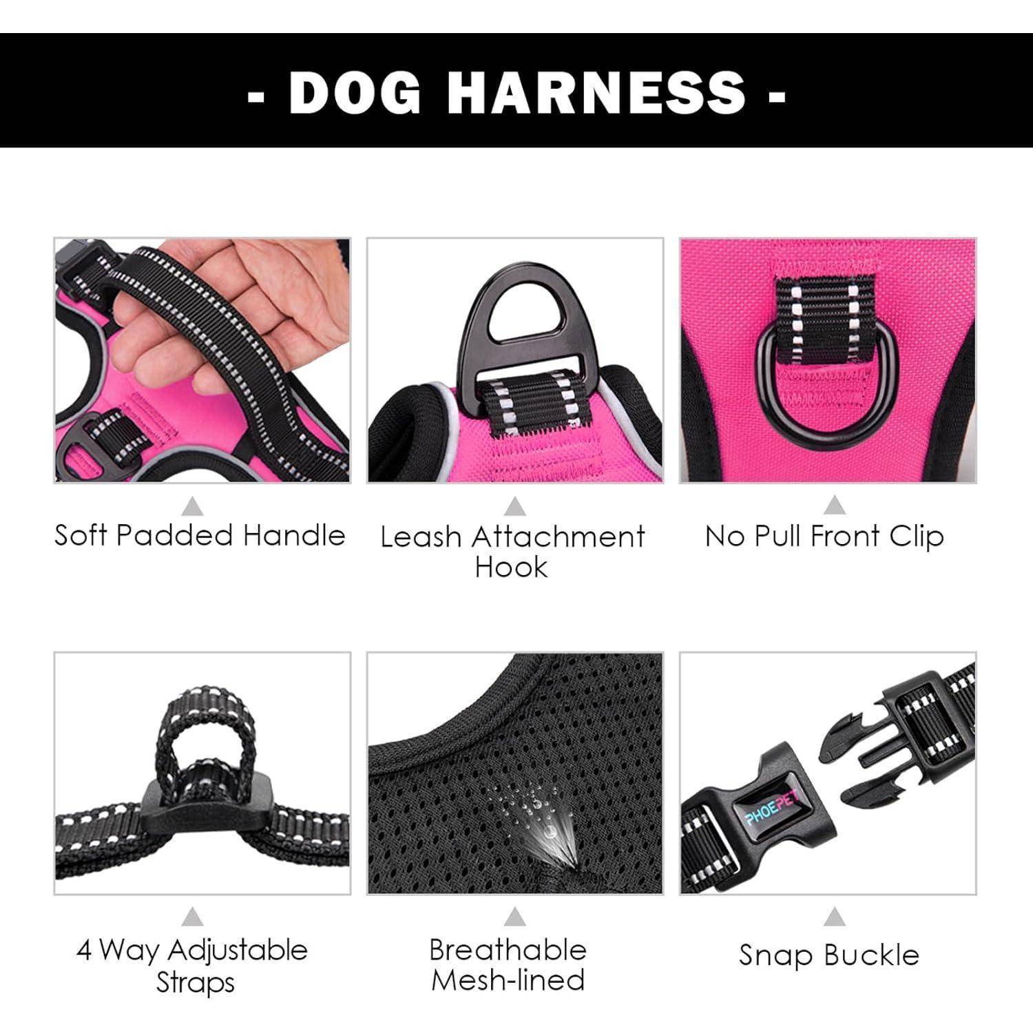 Bild zeigt verschiedene Merkmale eines Hundegeschirrs: weich gepolsterter Griff, Leinen-Befestigungshaken, Anti-Zieh-Frontclip, 4-fach verstellbare Gurte, atmungsaktives Netzstoff-Futter und Schnappverschluss.