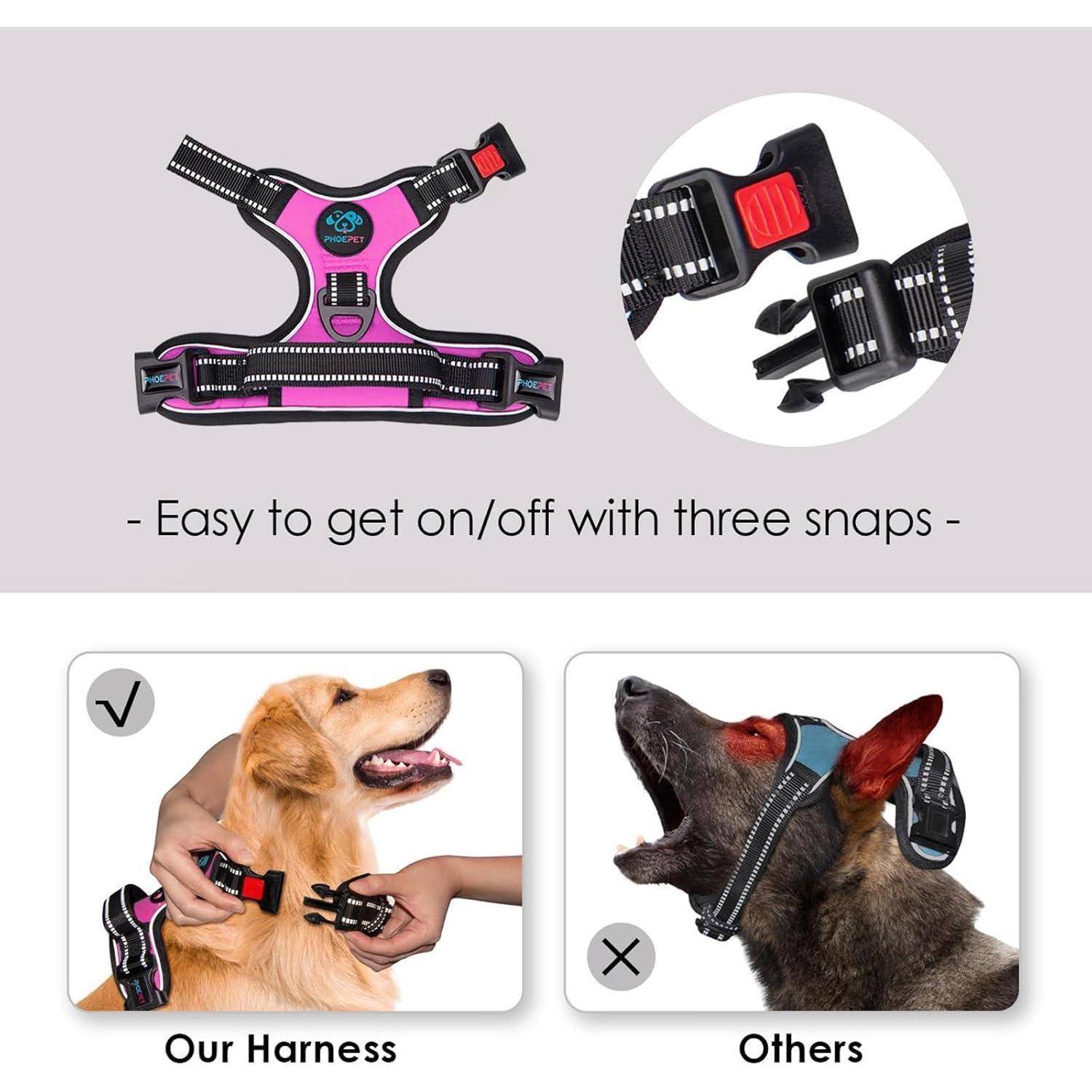 Hundegeschirr-Bild, das ein einfach anzulegendes Design mit drei Schnallen zeigt. Vergleich darunter: 'Unser Geschirr' mit einem entspannten Hund, 'Andere' mit einem kämpfenden Hund.