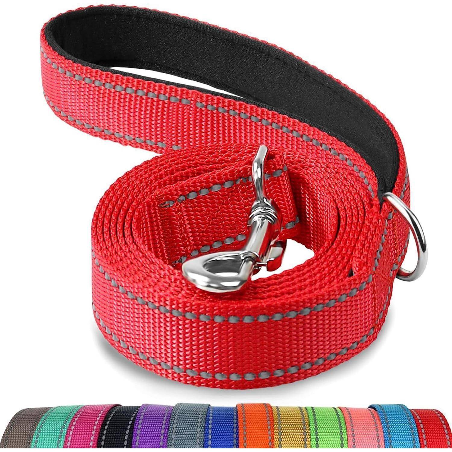 Eine aufgerollte rote Hundeleine mit einem Metallkarabiner, versehen mit reflektierender Naht für bessere Sichtbarkeit. Farboptionen werden unten angezeigt: rosa, grün, lila, schwarz, grau, orange und blau.