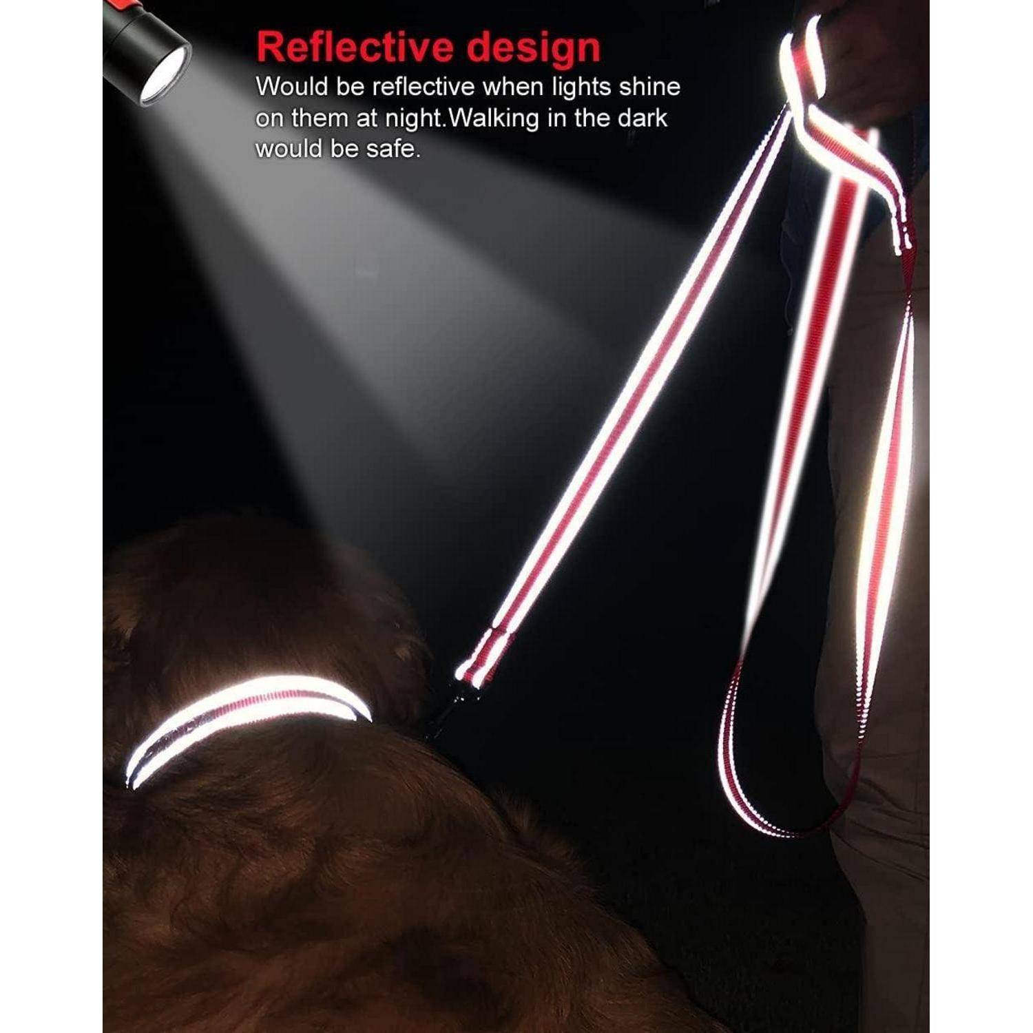 Eine Person, die nachts einen Hund ausführt, beide tragen reflektierende Kleidung. Der Text hebt das reflektierende Design für Sichtbarkeit in der Dunkelheit hervor.