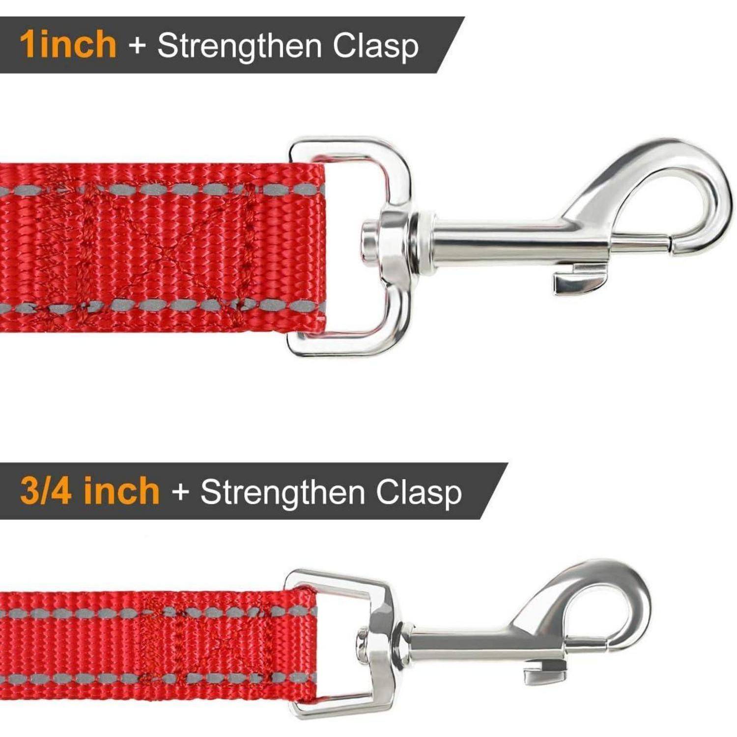 1 Zoll + Verstärkte Schließe' und '3/4 Zoll + Verstärkte Schließe' zeigen zwei rote Haustierhalsband mit silbernen Schließen und betonen Größe und Schließendetail.