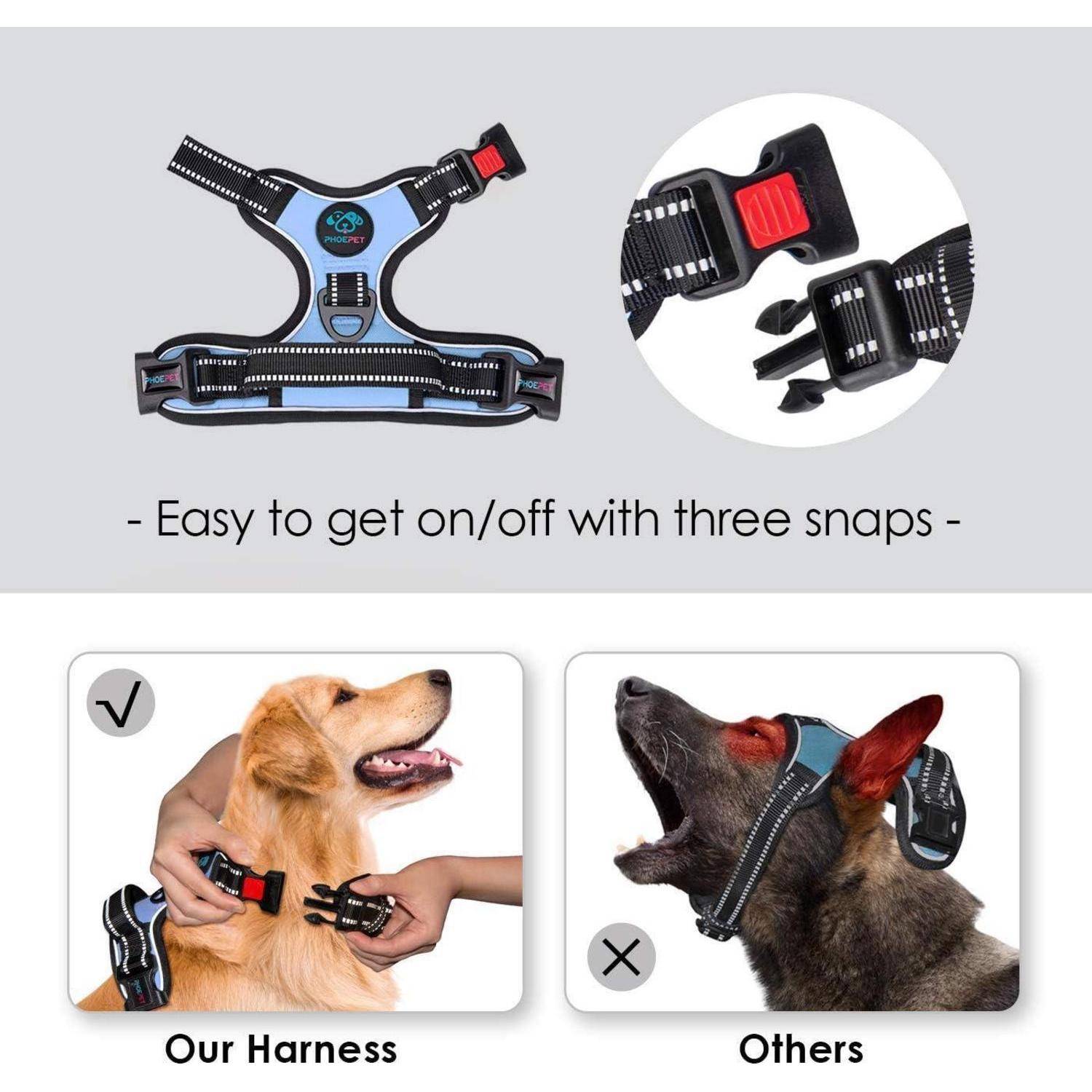 Hundegeschirr mit einfacher Schnappverschluss-Schnalle,' verfügt über ein Drei-Schnapp-Design für einfaches An- und Ablegen. Das Bild vergleicht ‚Unser Geschirr', das an einem Hund befestigt wird, mit einem einfacheren Design gegenüber ‚Anderen' und unterstreicht dabei die Benutzerfreundlichkeit.