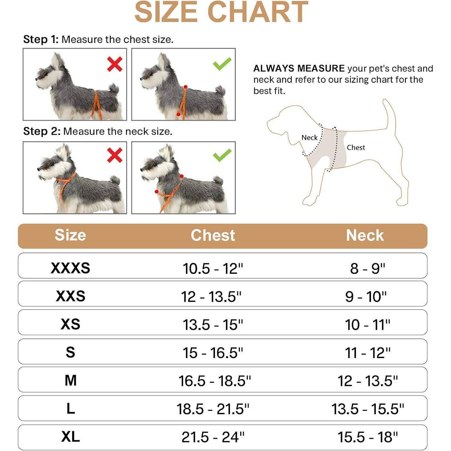 Größentabelle für Hundegeschirre zeigt Abbildungen zum Messen von Brust und Hals. Die Größen reichen von XXXS (Brust 26,7-30,5 cm, Hals 20,3-22,9 cm) bis XL (Brust 54,6-61 cm, Hals 39,4-47 cm).