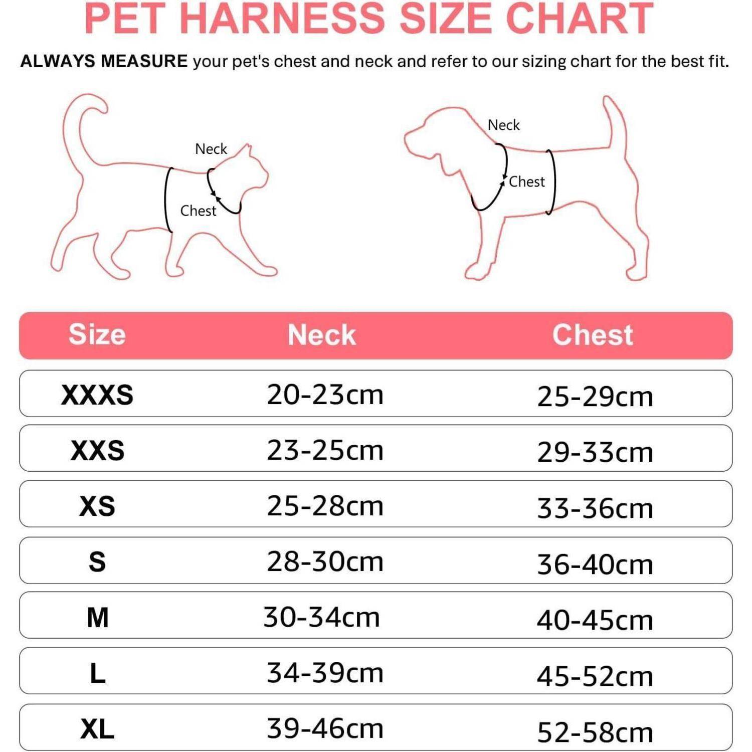 Größentabelle für Haustier-Geschirre zeigt Hals- und Brustumfangmessungen von XXXS bis XL, um die optimale Passform für Haustiere zu ermitteln. Enthält Diagramme für Hunde und Katzen.