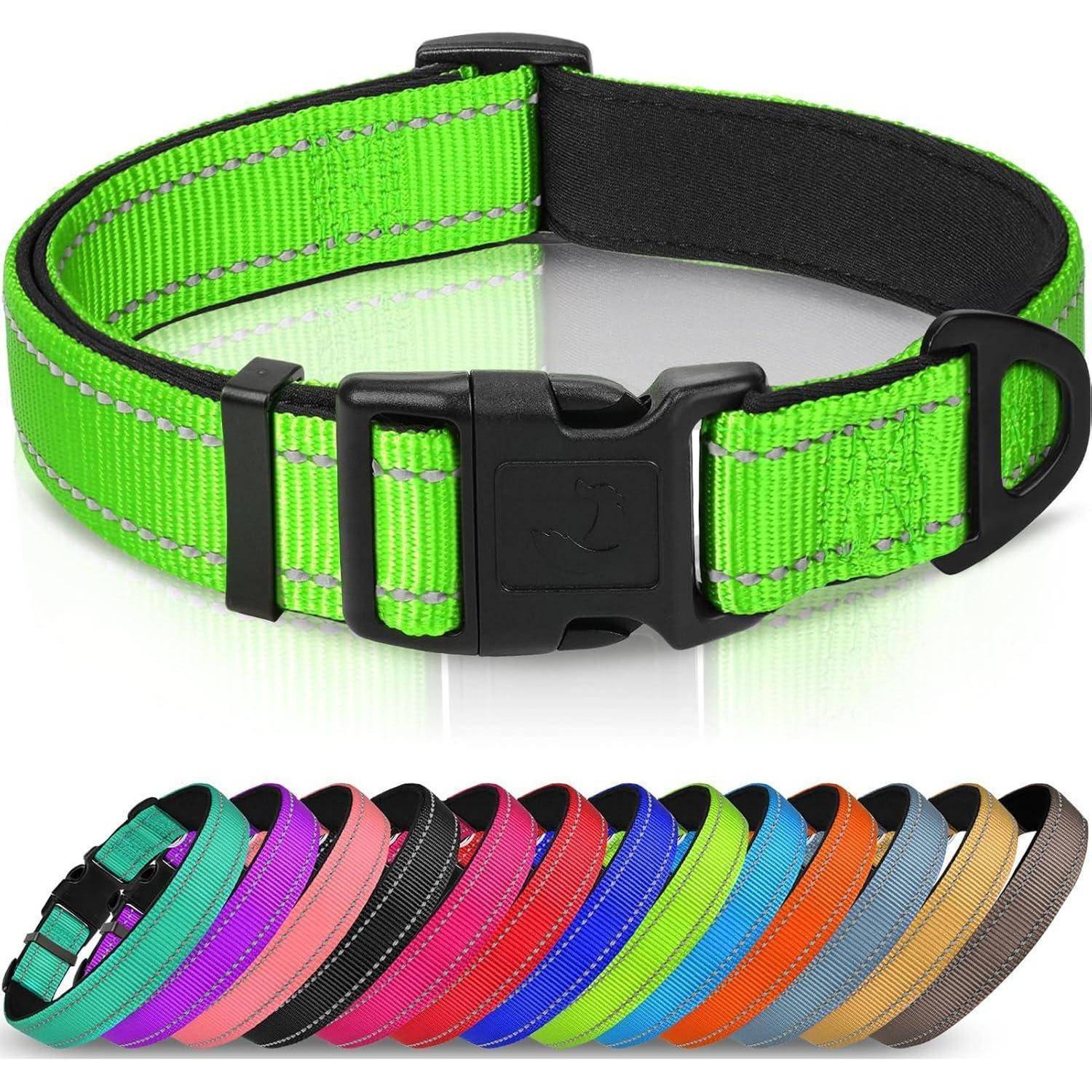 Ein hellgrüner Hundehalsband mit verstellbarer Schnalle und reflektierender Naht. Darunter sind verschiedene Halsbänder in anderen Farben in einer Reihe ausgestellt.