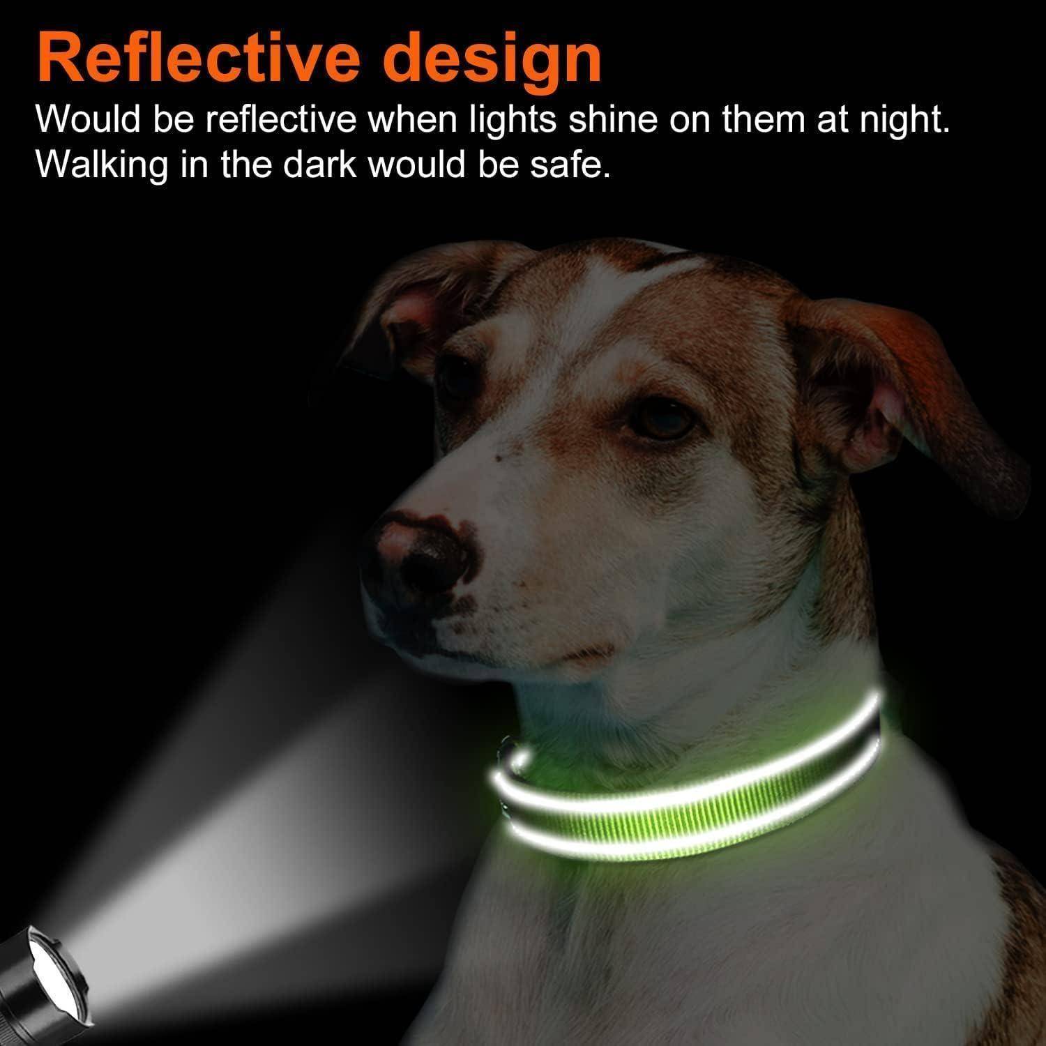 Ein Hund mit einem leuchtenden reflektierenden Halsband. Text besagt 'Reflektierendes Design' und erklärt die Sicherheitsvorteile des Halsbands in der Nacht.