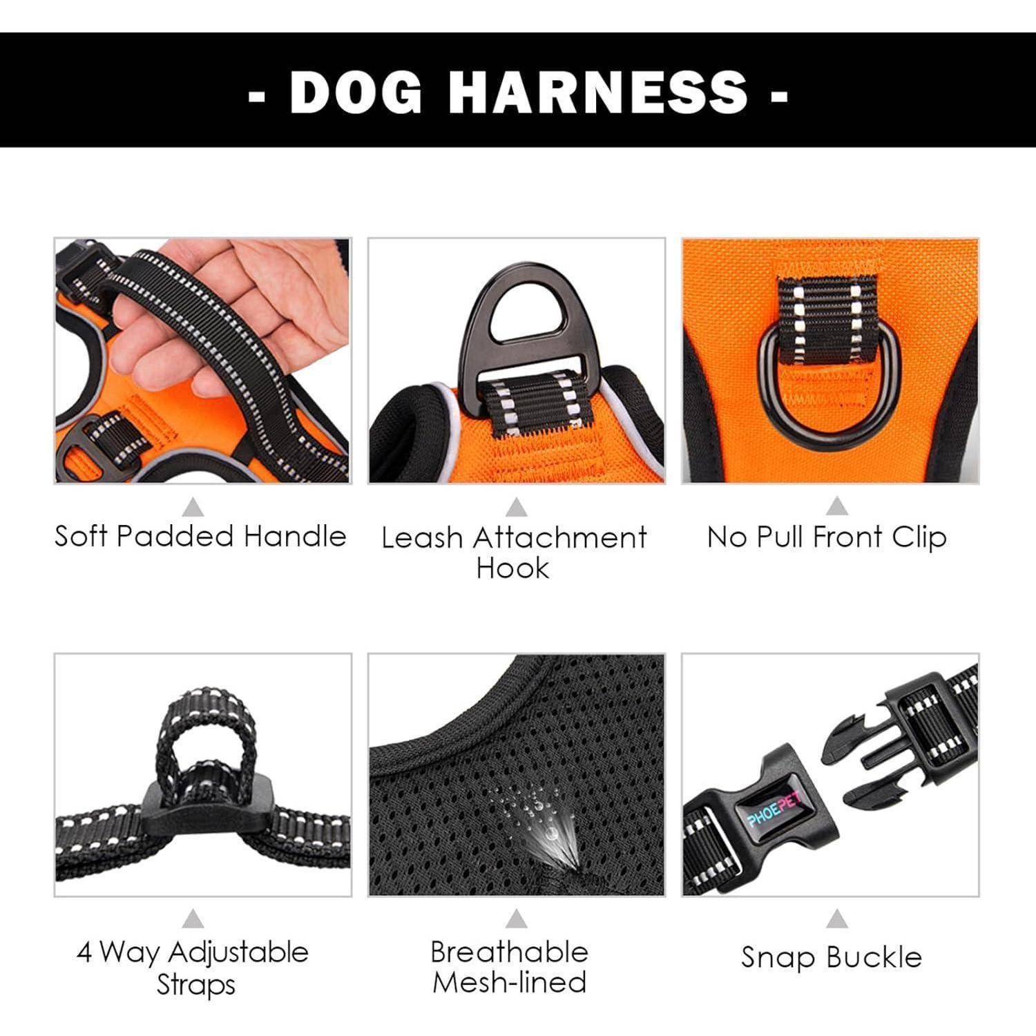 HUNDEGESCHIRR-Merkmale umfassen gepolsterter Softgriff, Leinen-Anschlusshaken, Antizieh-Frontclip, 4-fach verstellbare Riemen, atmungsaktige Mesh-Auskleidung, Schnappverschluss.