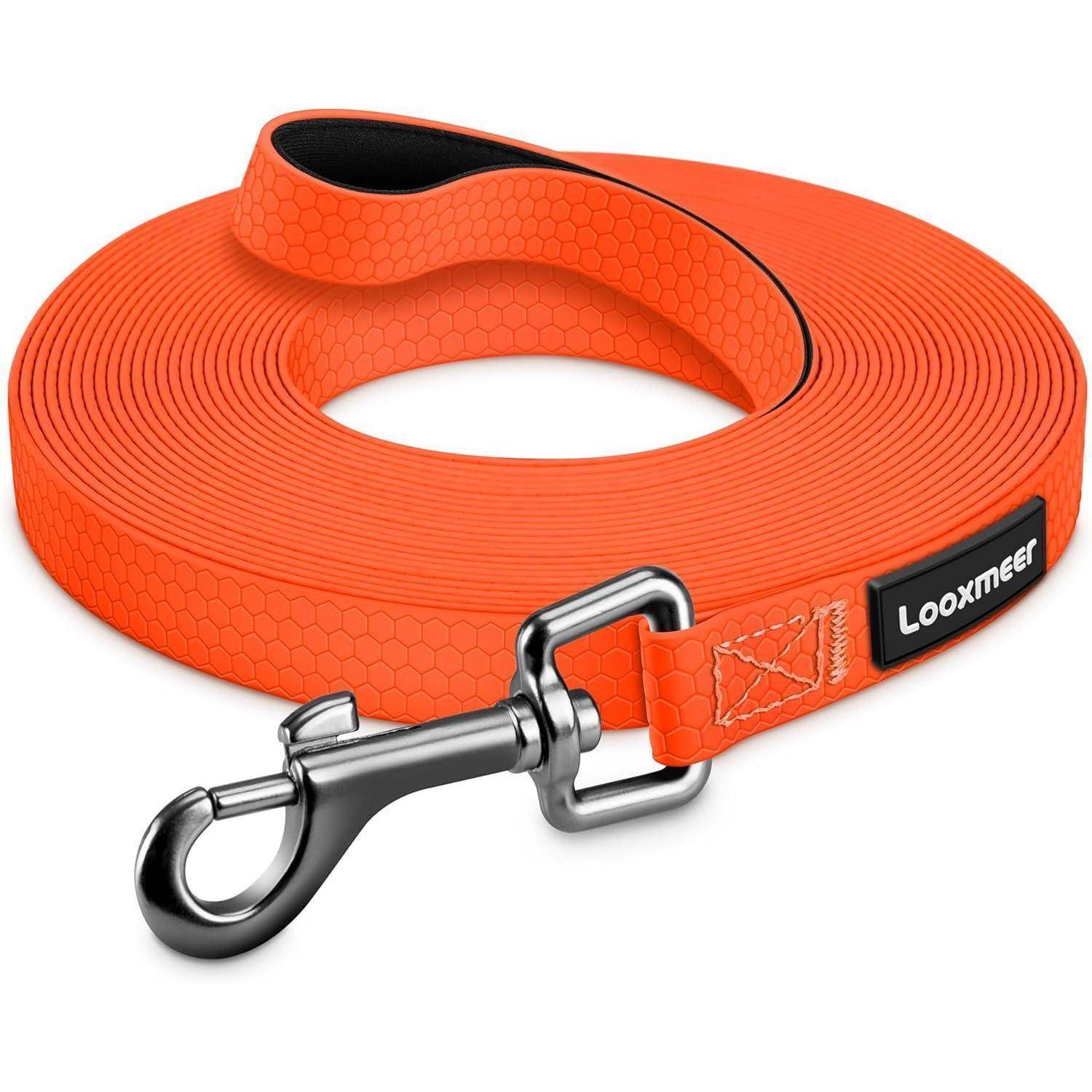 Eine orangefarbene Hundeleine, ordentlich aufgewickelt, mit einem Metallkarabiner für sichere Befestigung und einem strukturierten Griffbereich.