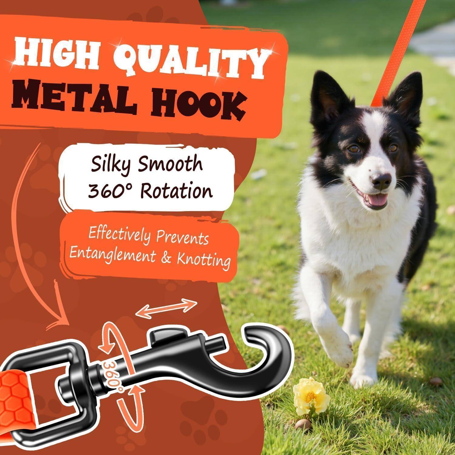 Ein Hund mit Leine auf Gras; Text hebt hervor ‚Hochwertiger Metallhaken', ‚Seidig glatte 360° Drehung' und Verhinderung von Verwicklungen.