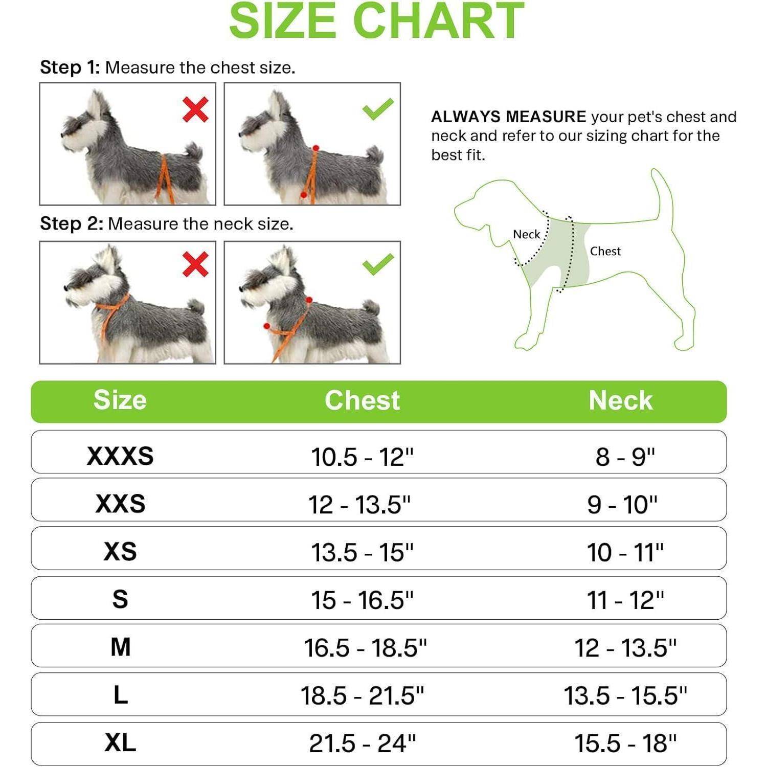 Größentabelle für Hundegeschirre mit Illustrationen. Schritt 1: Brustumfang des Hundes messen. Schritt 2: Halsumfang messen. Tabelle zeigt Größen von XXXS bis XL mit Brust- und Halsumfangmessungen.