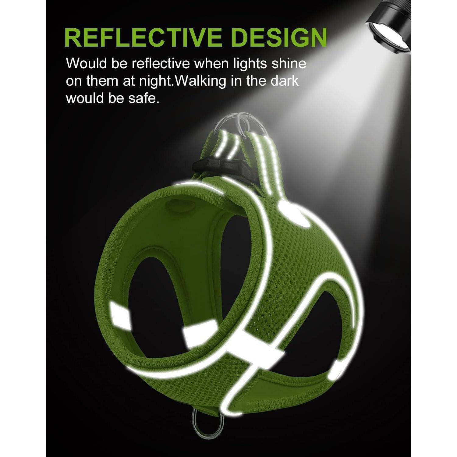 Ein leuchtend grüner Haustiergurt unter Licht mit dem Text: 'Reflektierendes Design. Wird reflektierend sein, wenn Lichter nachts darauf scheinen. Das Gehen im Dunkeln wäre sicher.