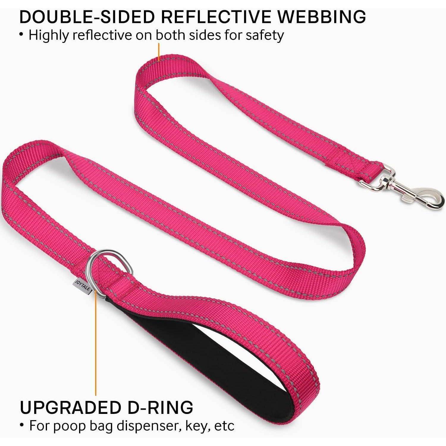 Rosa Hundeleine mit doppelseitig reflektierendem Gurtband für mehr Sicherheit. Ausgestattet mit einem verbesserten D-Ring zum Anbringen eines Kotbeutelspenders oder Schlüssels.