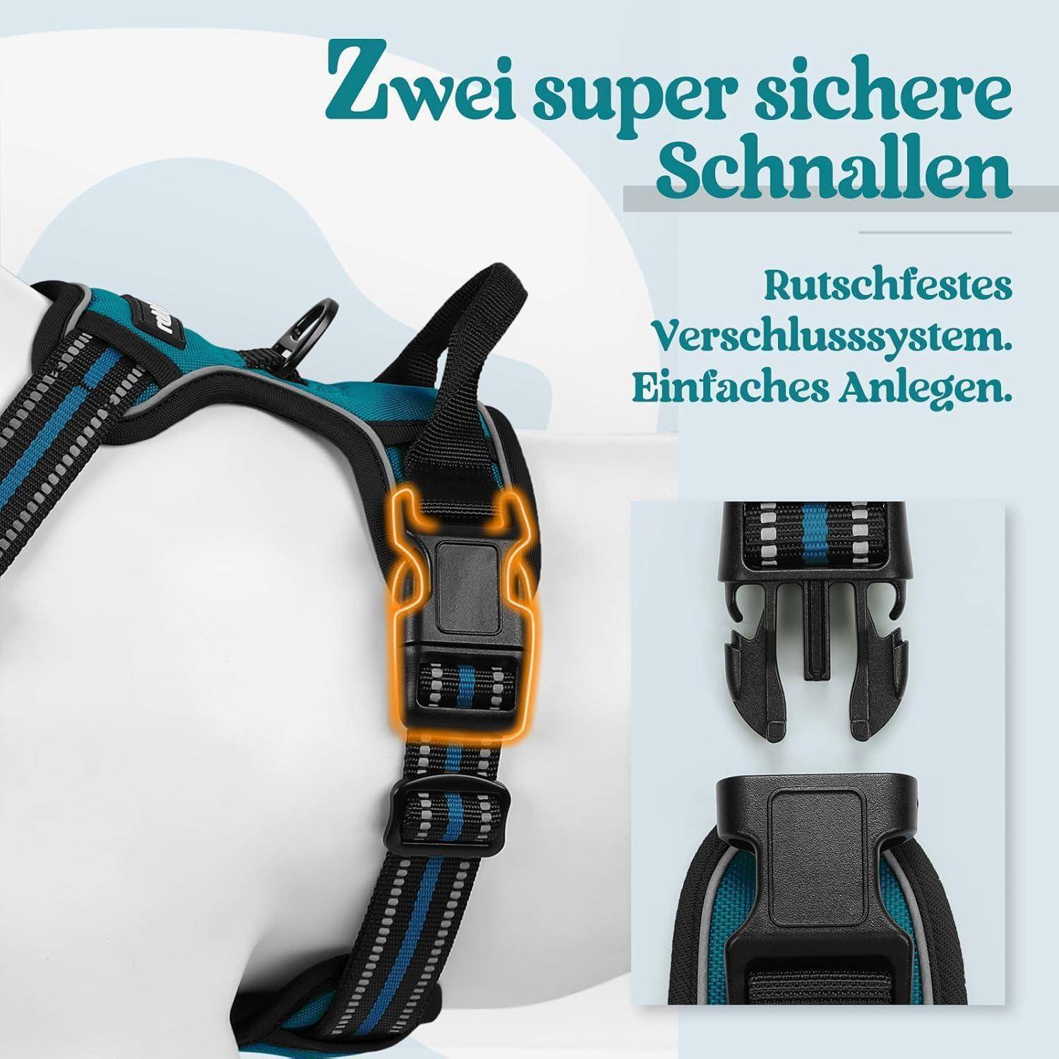 Hundegeschirr-Bild mit dem Text 'Zwei super sichere Schnallen', das zwei Nahaufnahmen robuster Schnallen zeigt und einfaches Befestigen hervorhebt.