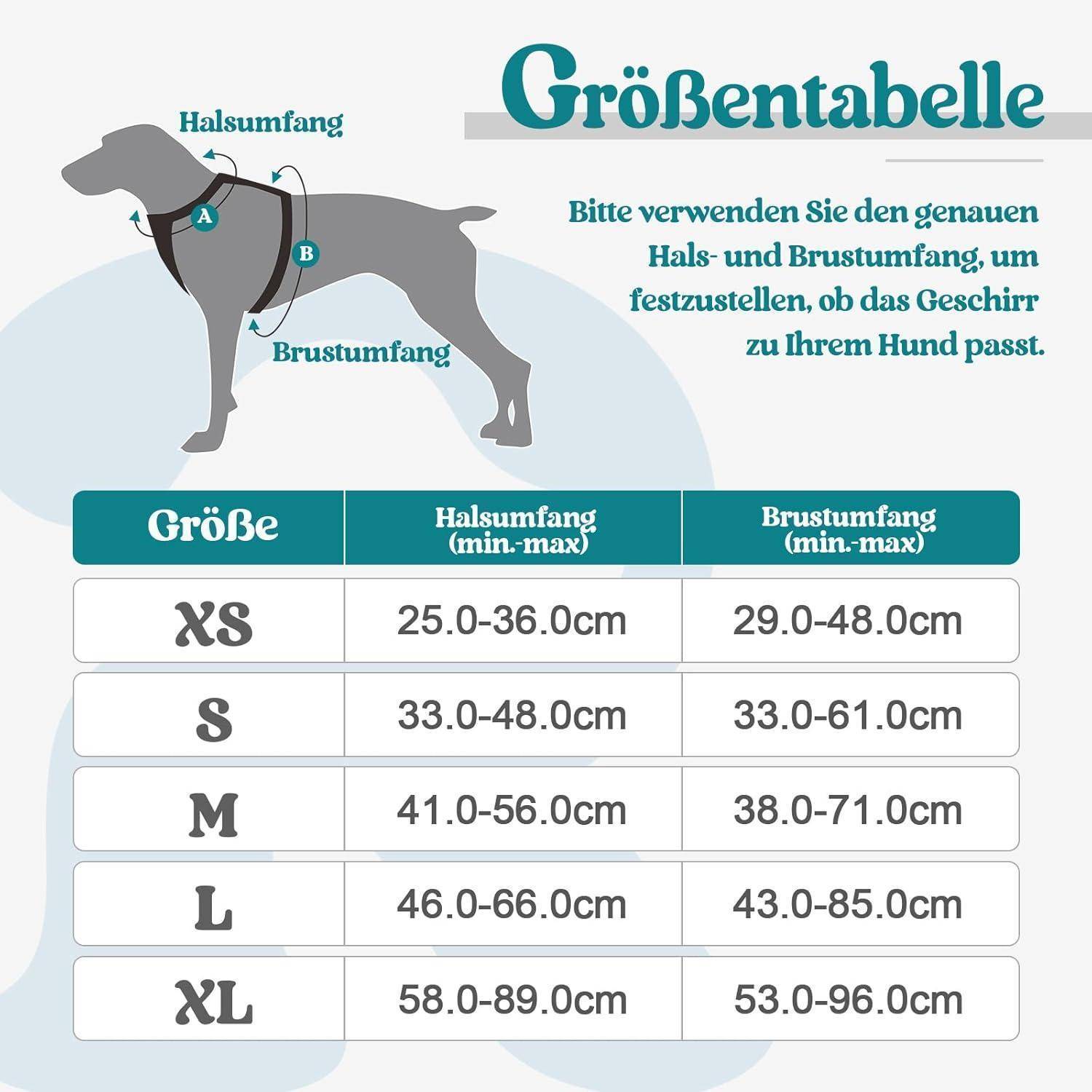 Größentabelle für Hundegeschirre mit Hals- und Brustumfang-Bereichen. Größen: XS (25-36 cm, 29-48 cm), S (31-40,5 cm, 38-61 cm), M (40,5-51 cm, 33-71 cm), L (46-66 cm, 43-85 cm), XL (58-89 cm, 53-96 cm).