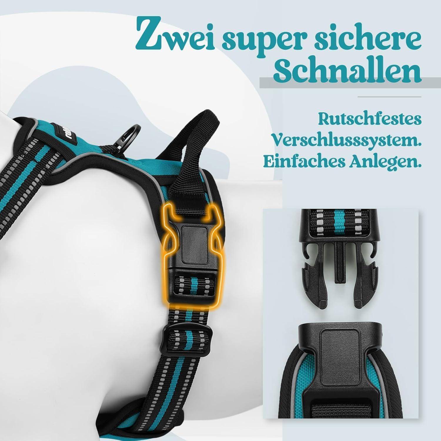 Ein Geschirr mit zwei extrem sicheren Schnallen wird gezeigt. Es verfügt über ein rutschfestes Befestigungssystem und eine einfache Anbringung.