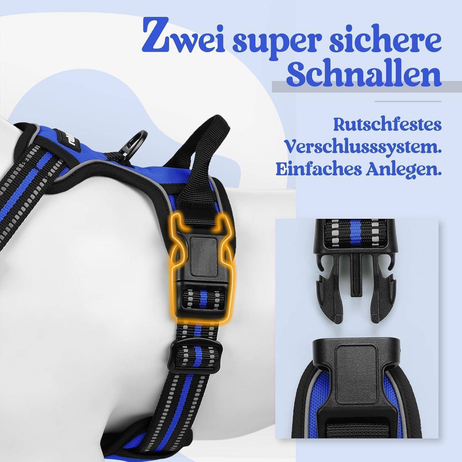 Nahaufnahme eines blauen Geschirrs mit zwei schwarzen Schnallen, das ein Schiebeverschlusssystem für einfaches Anlegen aufweist. Deutsche Textelemente heben Merkmale hervor.